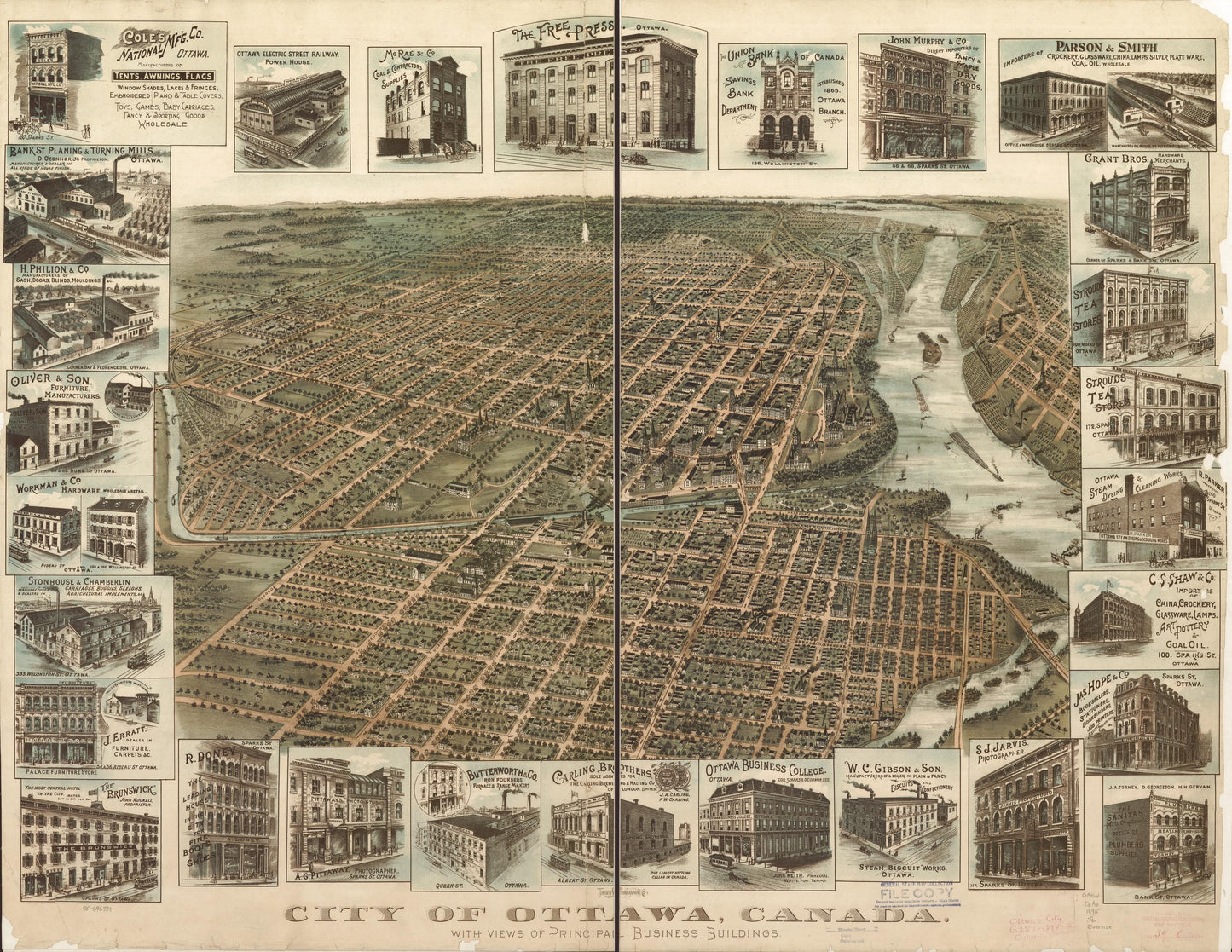 City of Ottawa, Canada with views of principal business buildings. (1895) – Historic Bird’s-Eye View Panorama Print