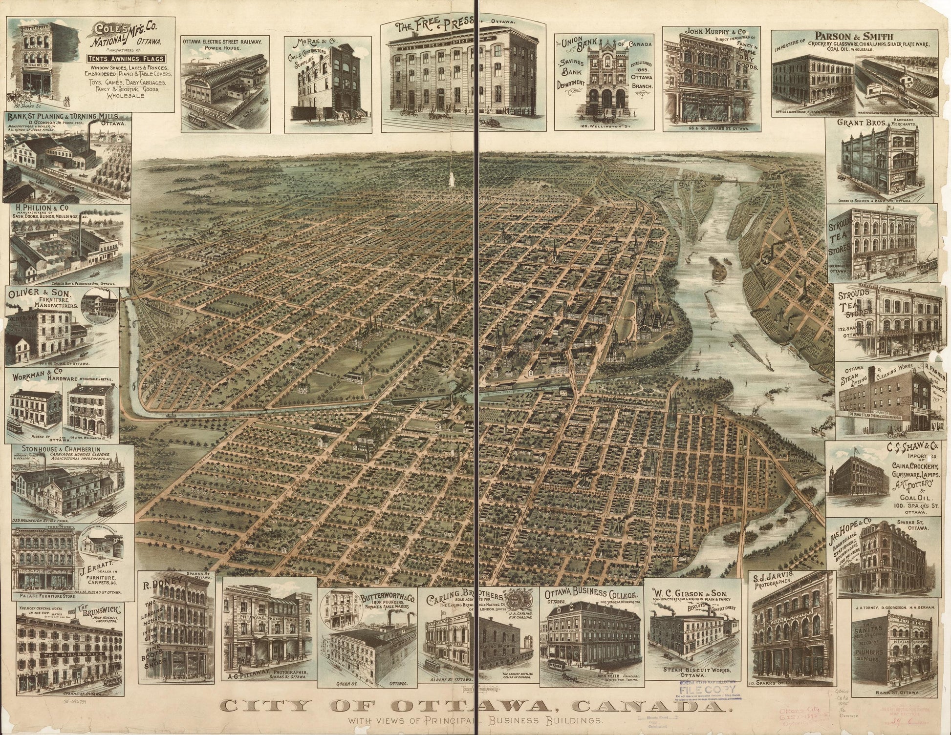 City of Ottawa, Canada with views of principal business buildings. (1895) – Historic Bird’s-Eye View Panorama Print