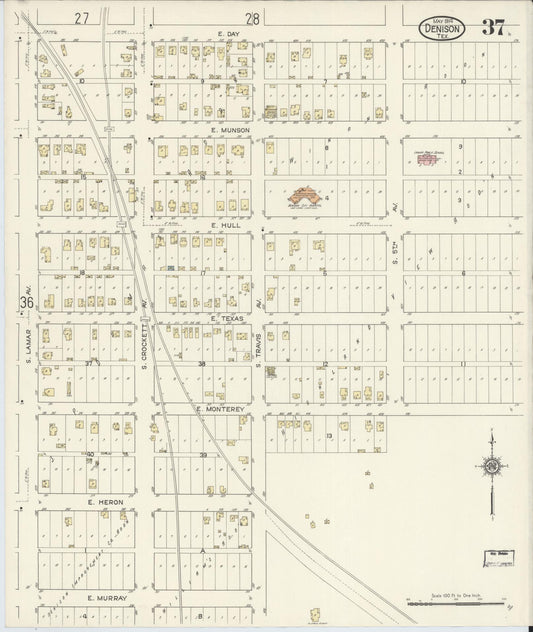 Sanborn Fire Insurance Map from Denison, Grayson County, Texas (1914), Sheet #0037 - Historic Sanborn Fire Insurance Map Print, vintage old map wall art, antique decor, genealogy gift, Texas Texas map