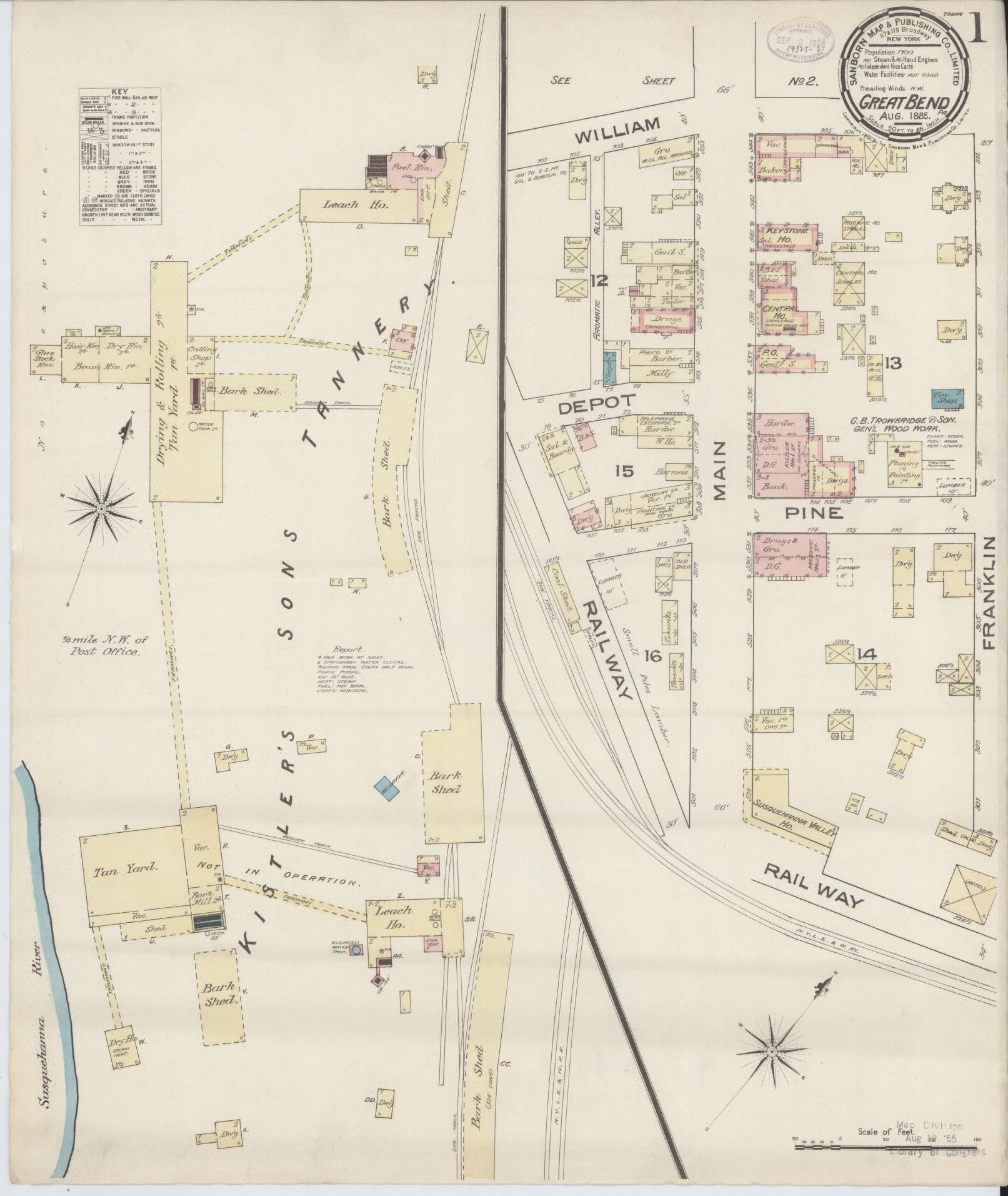 Sanborn Fire Insurance Map from Great Bend, Susquehanna County, Pennsylvania (1885), Sheet #0001 - Historic Sanborn Fire Insurance Map Print, vintage old map wall art, antique decor, genealogy gift, Pennsylvania Pennsylvania map