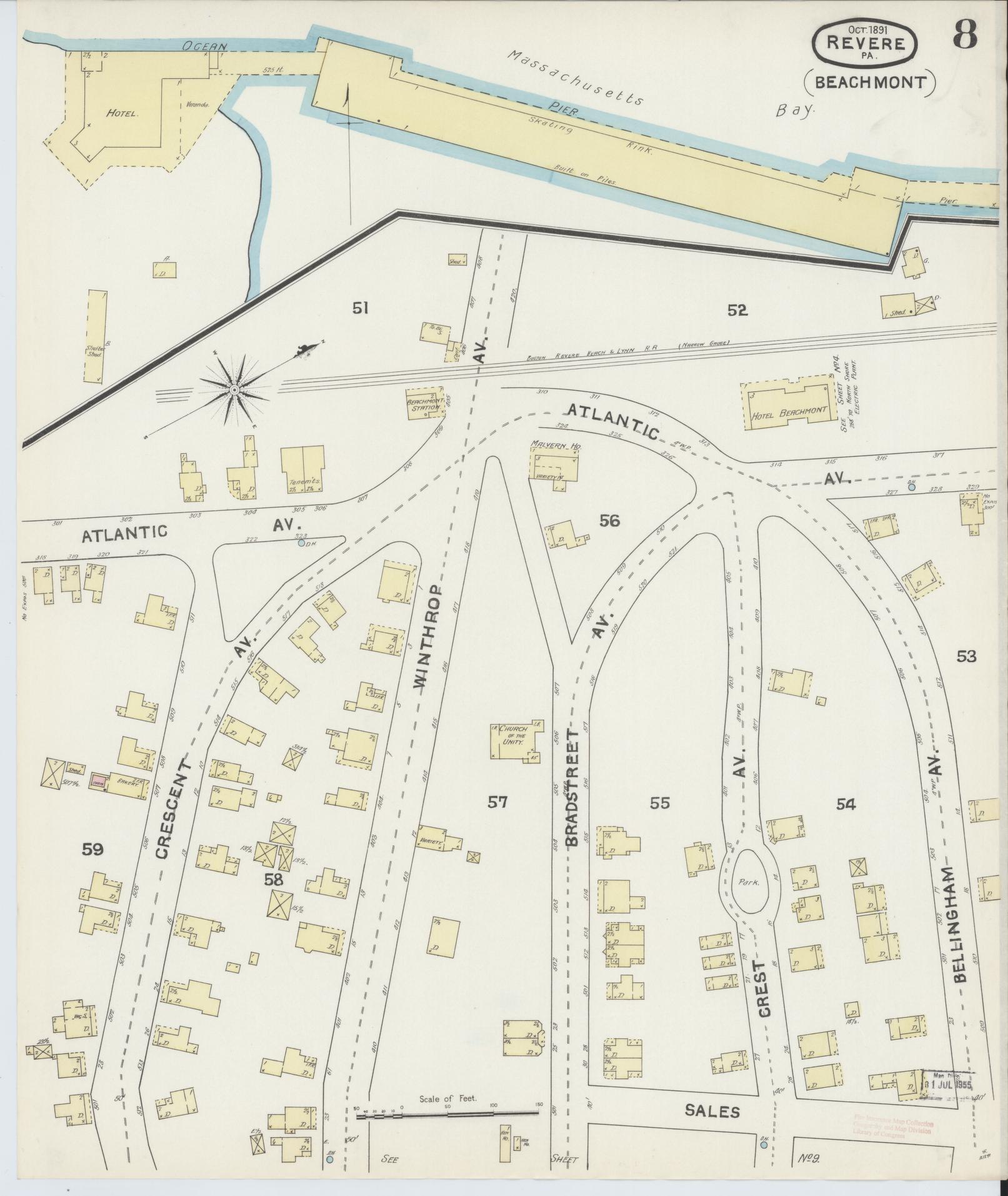 Sanborn Fire Insurance Map from Revere, Suffolk County, Massachusetts (1891), Sheet #0008 - Historic Sanborn Fire Insurance Map Print, vintage old map wall art, antique decor, genealogy gift, Massachusetts Massachusetts map
