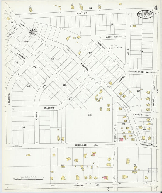 Sanborn Fire Insurance Map from Westfield, Union County, New Jersey (1909), Sheet #0004 - Historic Sanborn Fire Insurance Map Print, vintage old map wall art, antique decor, genealogy gift, New Jersey New Jersey map