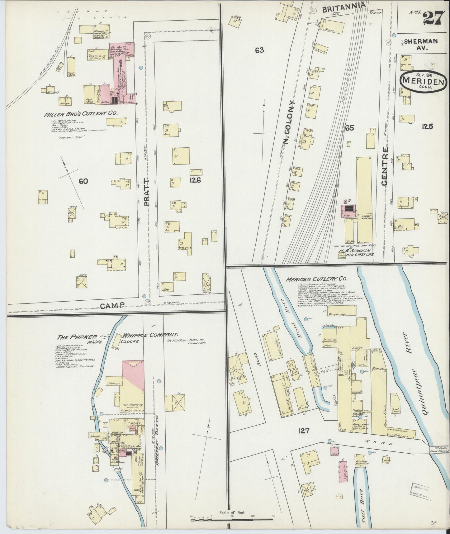 Sanborn Fire Insurance Map from Meriden, New Haven County, Connecticut (1891), Sheet #0027 - Complete Map Set gallery image, historic Sanborn map, vintage wall art, Connecticut Connecticut