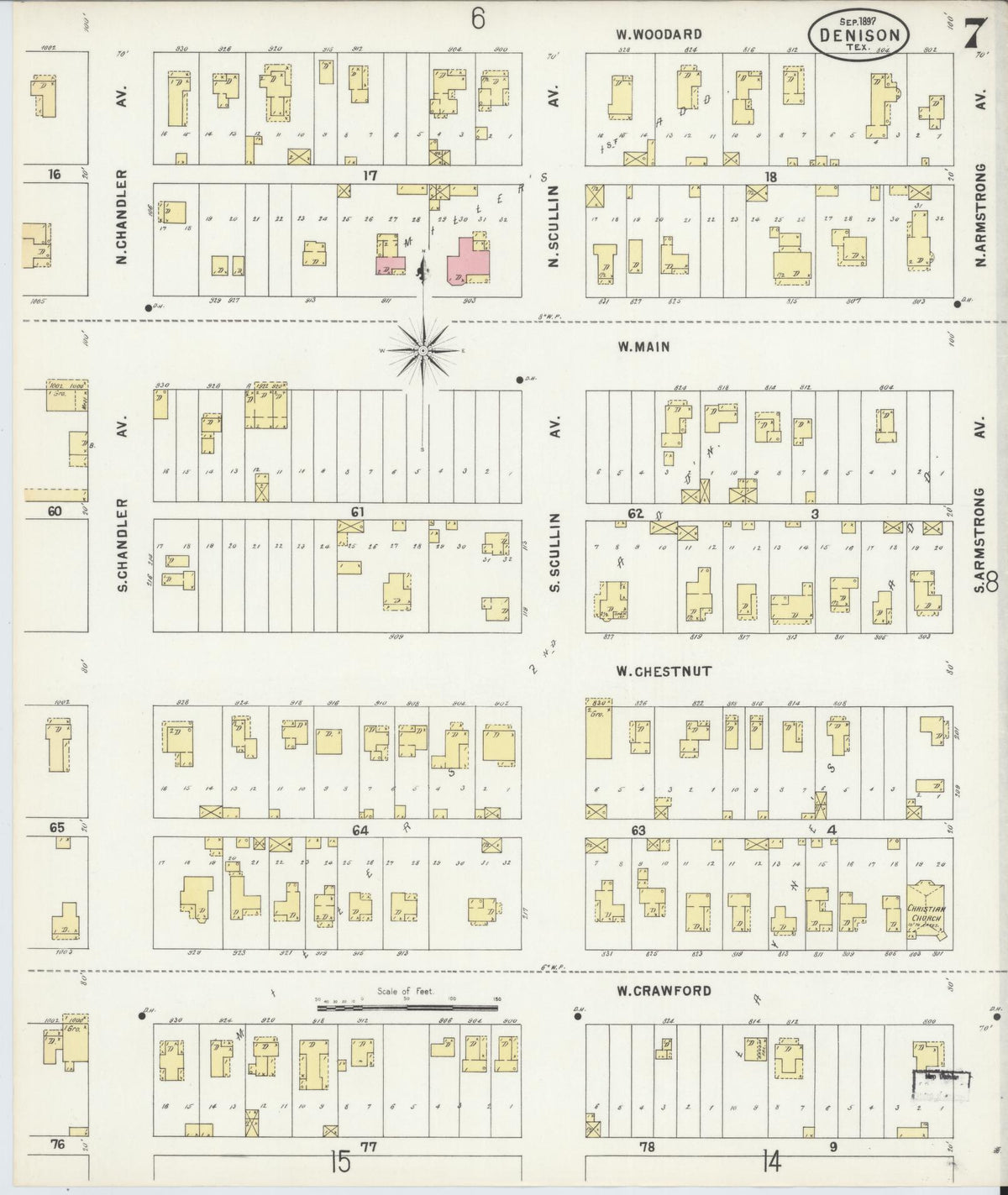 Sanborn Fire Insurance Map from Denison, Grayson County, Texas (1897), Sheet #0007 - Complete Map Set gallery image, historic Sanborn map, vintage wall art, Texas Texas