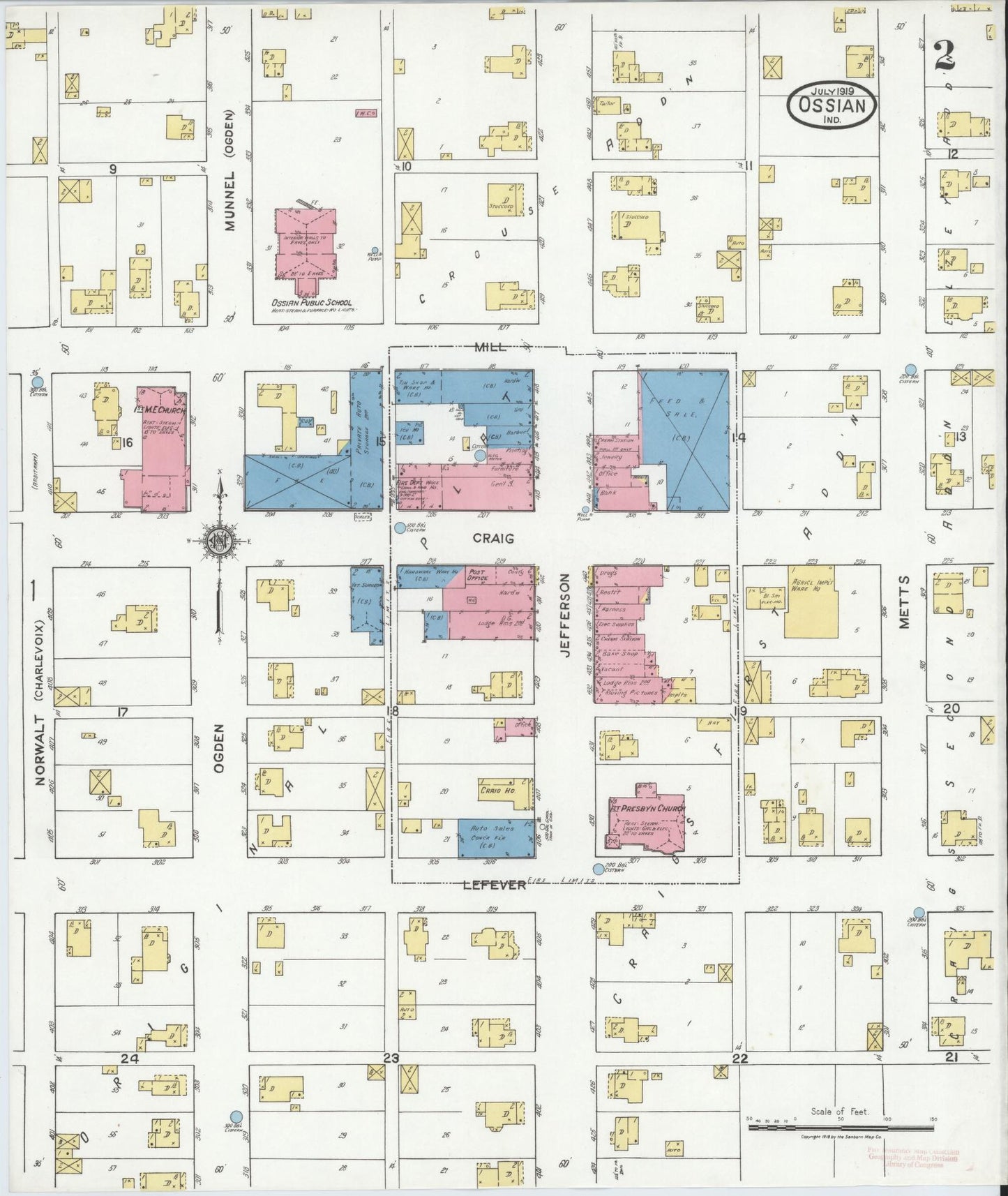 Sanborn Fire Insurance Map from Ossian, Wells County, Indiana (1919), Sheet #0002 - Historic Sanborn Fire Insurance Map Print, vintage old map wall art, antique decor, genealogy gift, Indiana Indiana map
