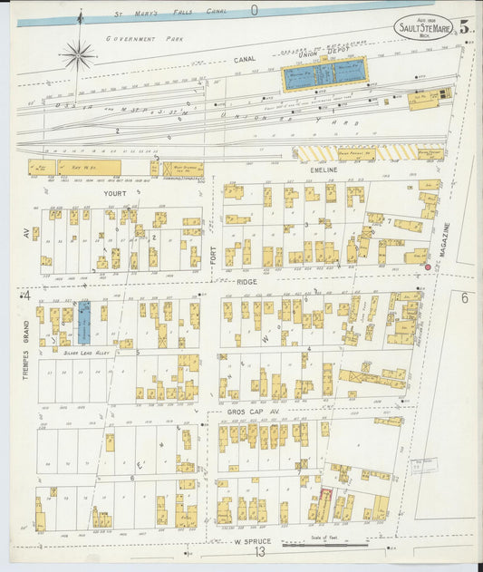 Sanborn Fire Insurance Map from Sault Sainte Marie, Chippewa County, Michigan (1906), Sheet #0005 - Historic Sanborn Fire Insurance Map Print, vintage old map wall art, antique decor, genealogy gift, Michigan Michigan map