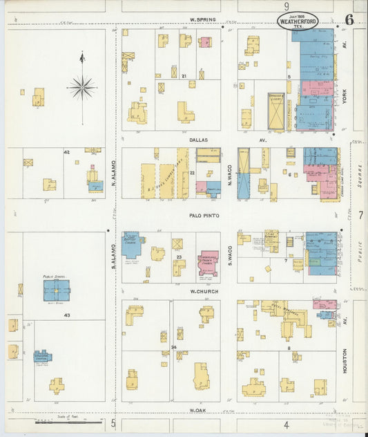 Sanborn Fire Insurance Map from Weatherford, Parker County, Texas (1905), Sheet #0006 - Historic Sanborn Fire Insurance Map Print, vintage old map wall art, antique decor, genealogy gift, Texas Texas map