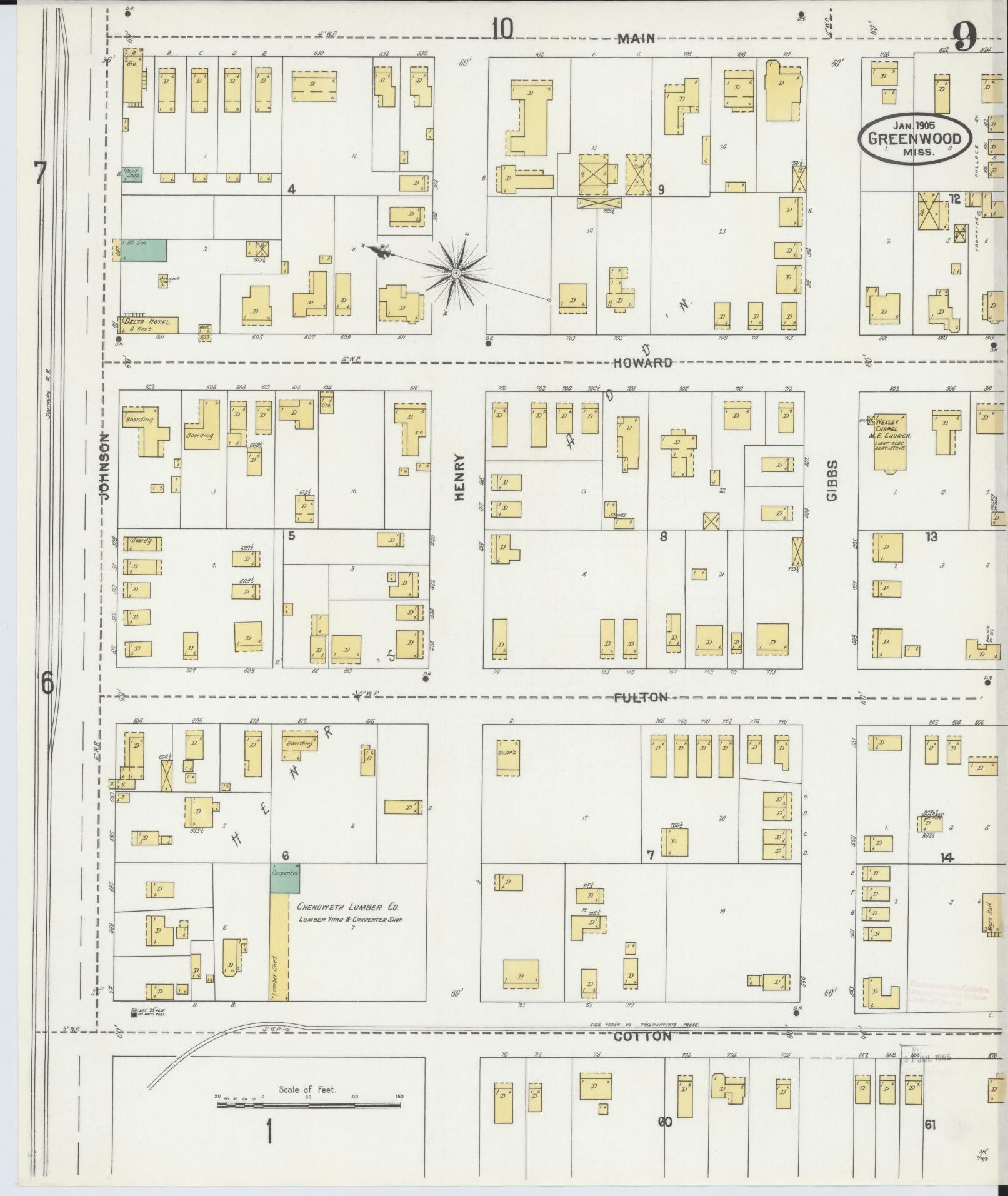 Sanborn Fire Insurance Map from Greenwood, Leflore County, Mississippi (1905), Sheet #0009 - Complete Map Set gallery image, historic Sanborn map, vintage wall art, Mississippi Mississippi