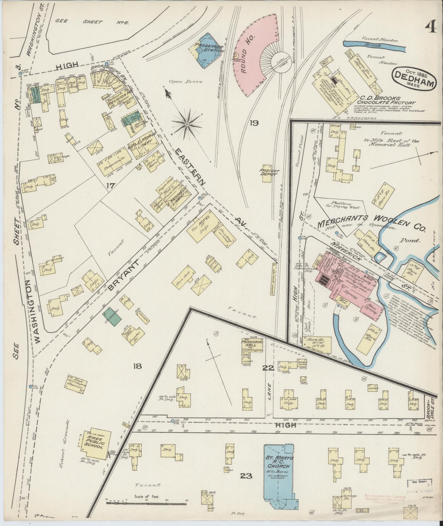 Sanborn Fire Insurance Map from Dedham, Norfolk County, Massachusetts (1885), Sheet #0004 - Historic Sanborn Fire Insurance Map Print, vintage old map wall art, antique decor, genealogy gift, Massachusetts Massachusetts map