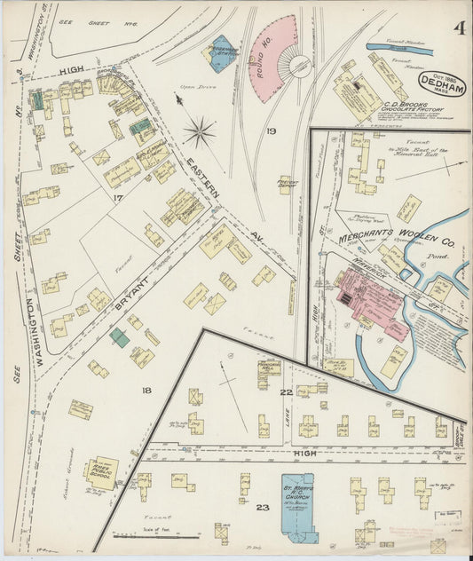 Sanborn Fire Insurance Map from Dedham, Norfolk County, Massachusetts (1885), Sheet #0004 - Historic Sanborn Fire Insurance Map Print, vintage old map wall art, antique decor, genealogy gift, Massachusetts Massachusetts map