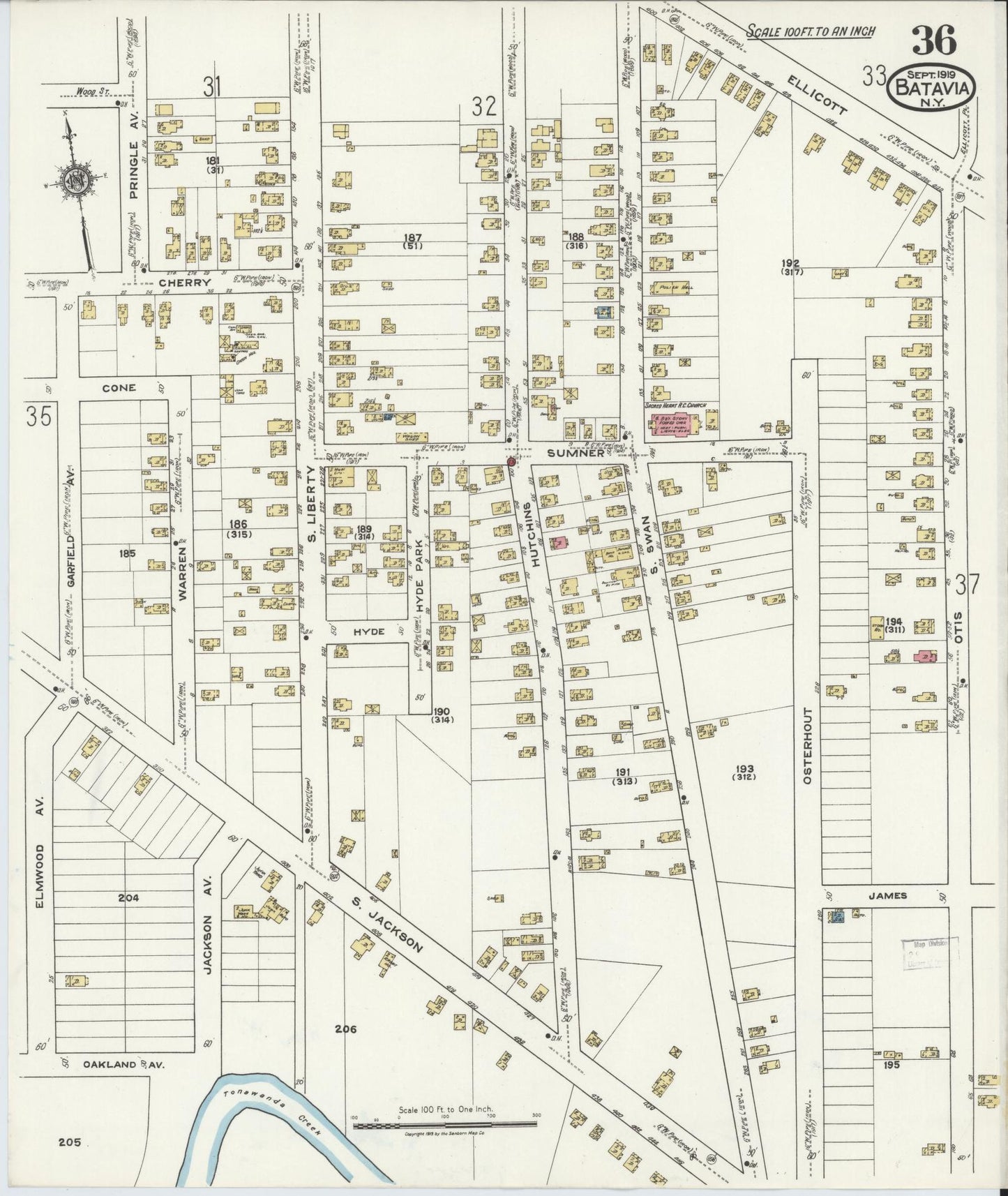 Sanborn Fire Insurance Map from Batavia, Genesee County, New York (1919), Sheet #0036 - Historic Sanborn Fire Insurance Map Print, vintage old map wall art, antique decor, genealogy gift, New York New York map