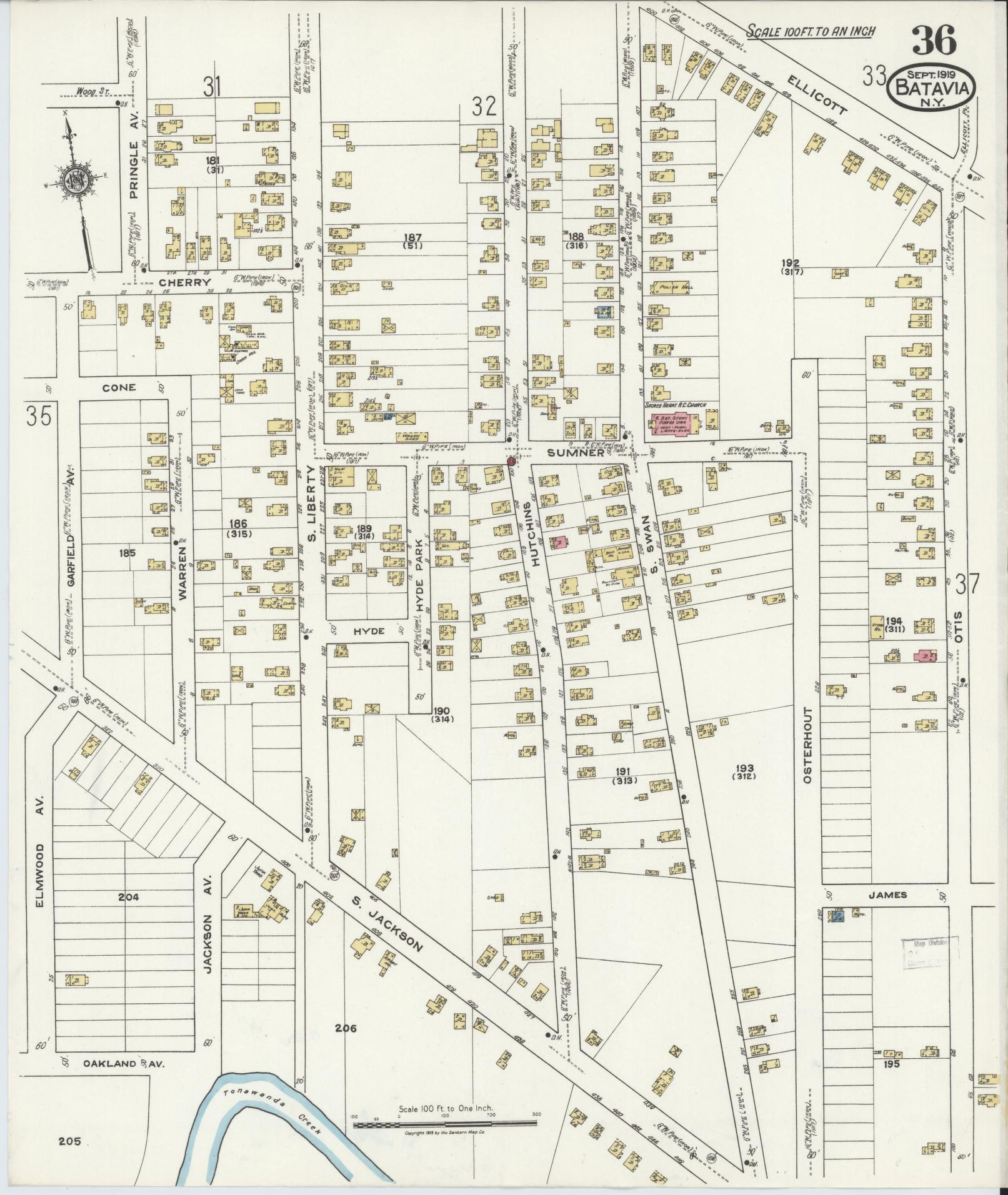 Sanborn Fire Insurance Map from Batavia, Genesee County, New York (1919), Sheet #0036 - Historic Sanborn Fire Insurance Map Print, vintage old map wall art, antique decor, genealogy gift, New York New York map
