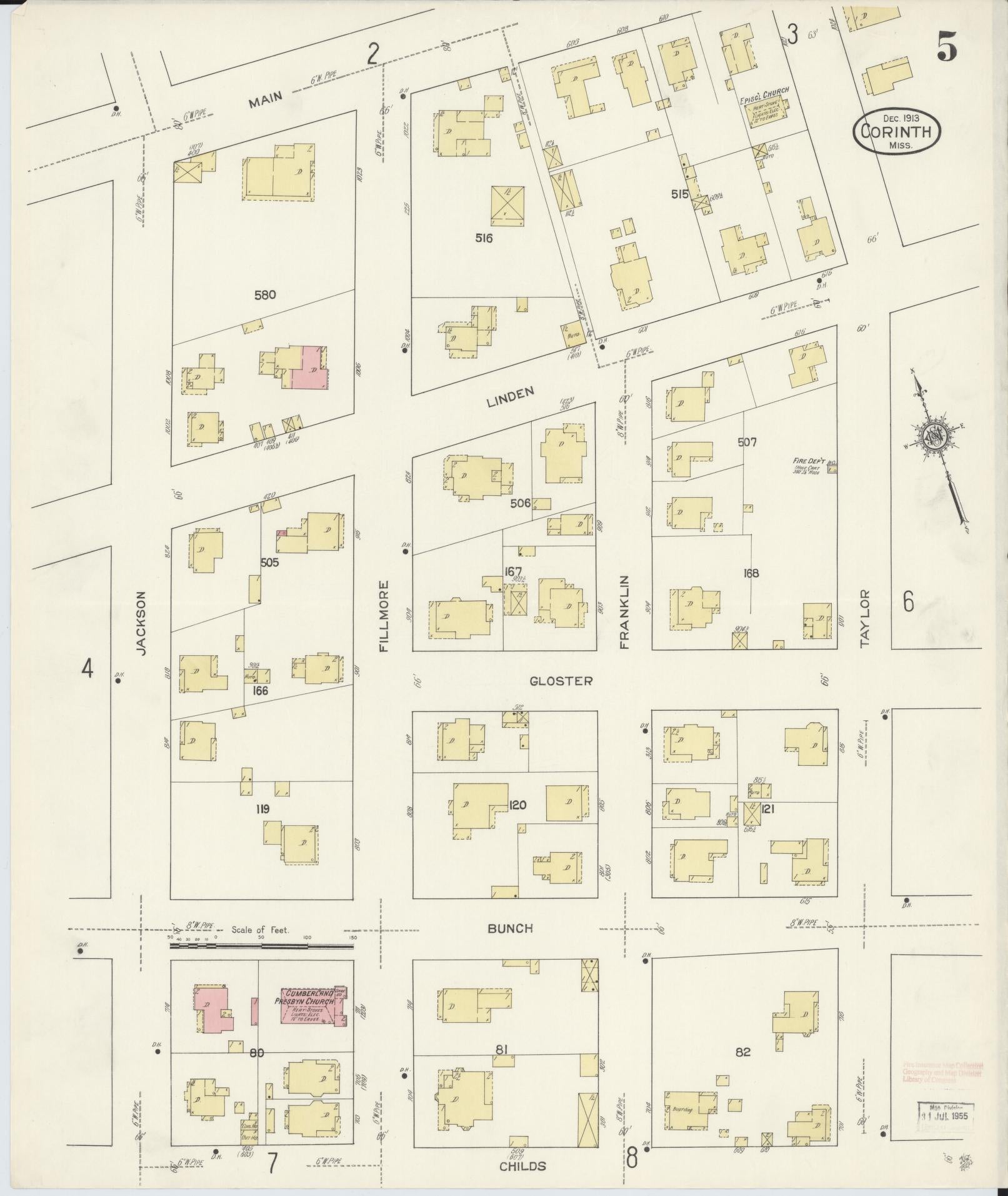 Sanborn Fire Insurance Map from Corinth, Alcorn County, Mississippi (1913), Sheet #0005 - Historic Sanborn Fire Insurance Map Print, vintage old map wall art, antique decor, genealogy gift, Mississippi Mississippi map
