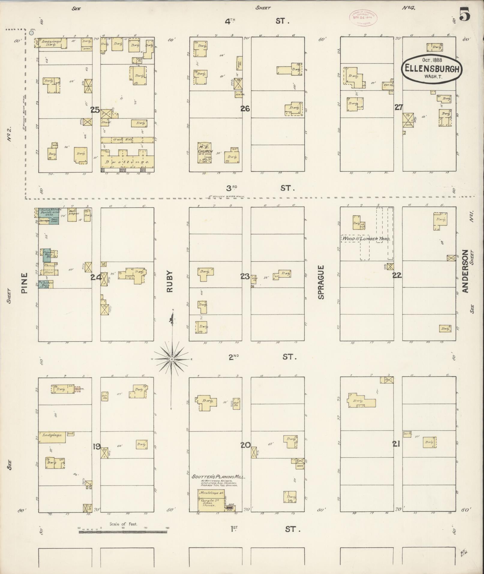 Sanborn Fire Insurance Map from Ellensburg, Kittitas County, Washington (1888), Sheet #0005 - Complete Map Set gallery image, historic Sanborn map, vintage wall art, Washington Washington
