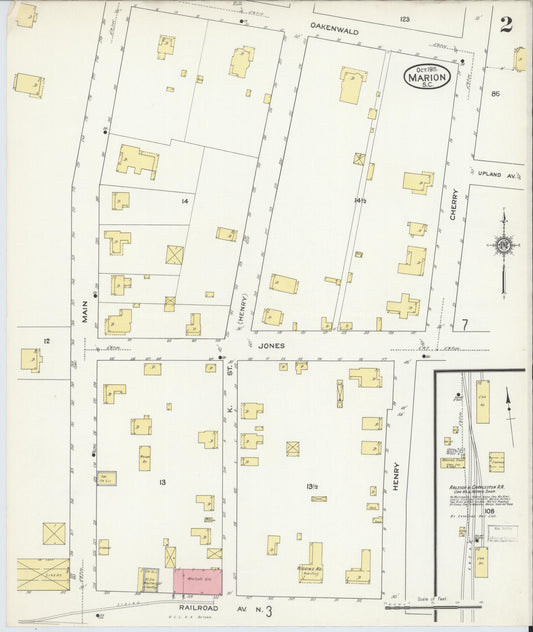Sanborn Fire Insurance Map from Marion, Marion County, South Carolina (1915), Sheet #0002 - Historic Sanborn Fire Insurance Map Print, vintage old map wall art, antique decor, genealogy gift, South Carolina South Carolina map