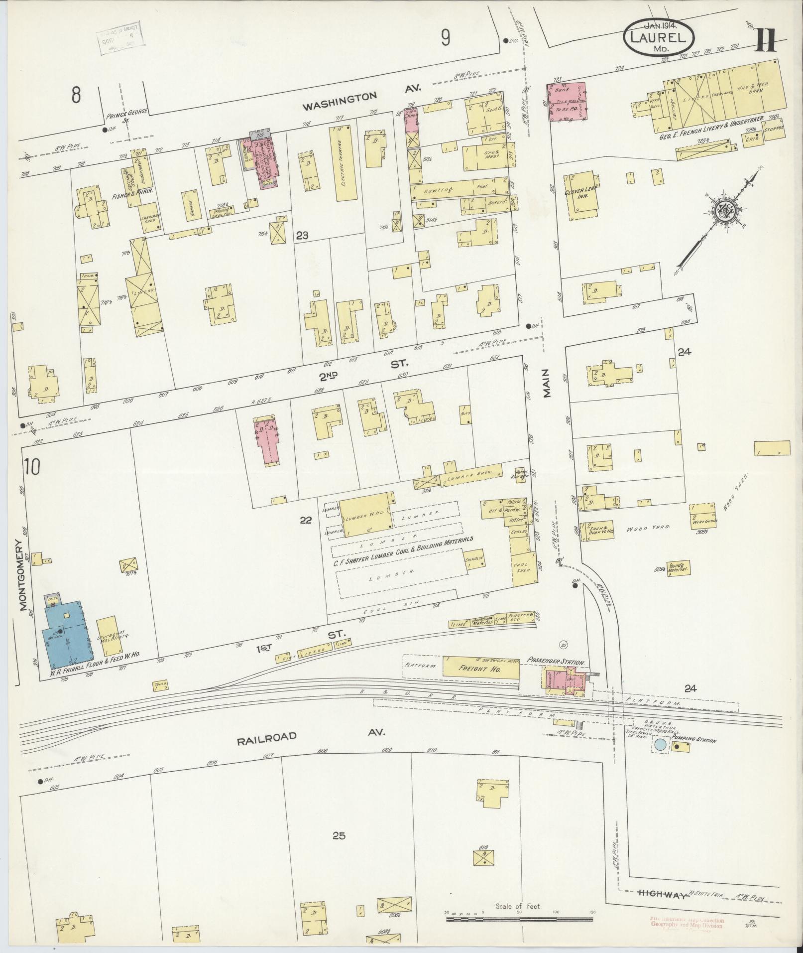 Sanborn Fire Insurance Map from Laurel, Prince Georges County, Maryland (1914), Sheet #0011 - Historic Sanborn Fire Insurance Map Print, vintage old map wall art