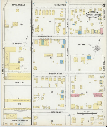 Sanborn Fire Insurance Map from San Antonio, Bexar County, Texas (1892), Sheet #0003 - Historic Sanborn Fire Insurance Map Print, vintage old map wall art, antique decor, genealogy gift, Texas Texas map