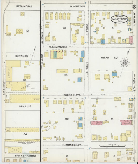 Sanborn Fire Insurance Map from San Antonio, Bexar County, Texas (1892), Sheet #0003 - Historic Sanborn Fire Insurance Map Print, vintage old map wall art, antique decor, genealogy gift, Texas Texas map