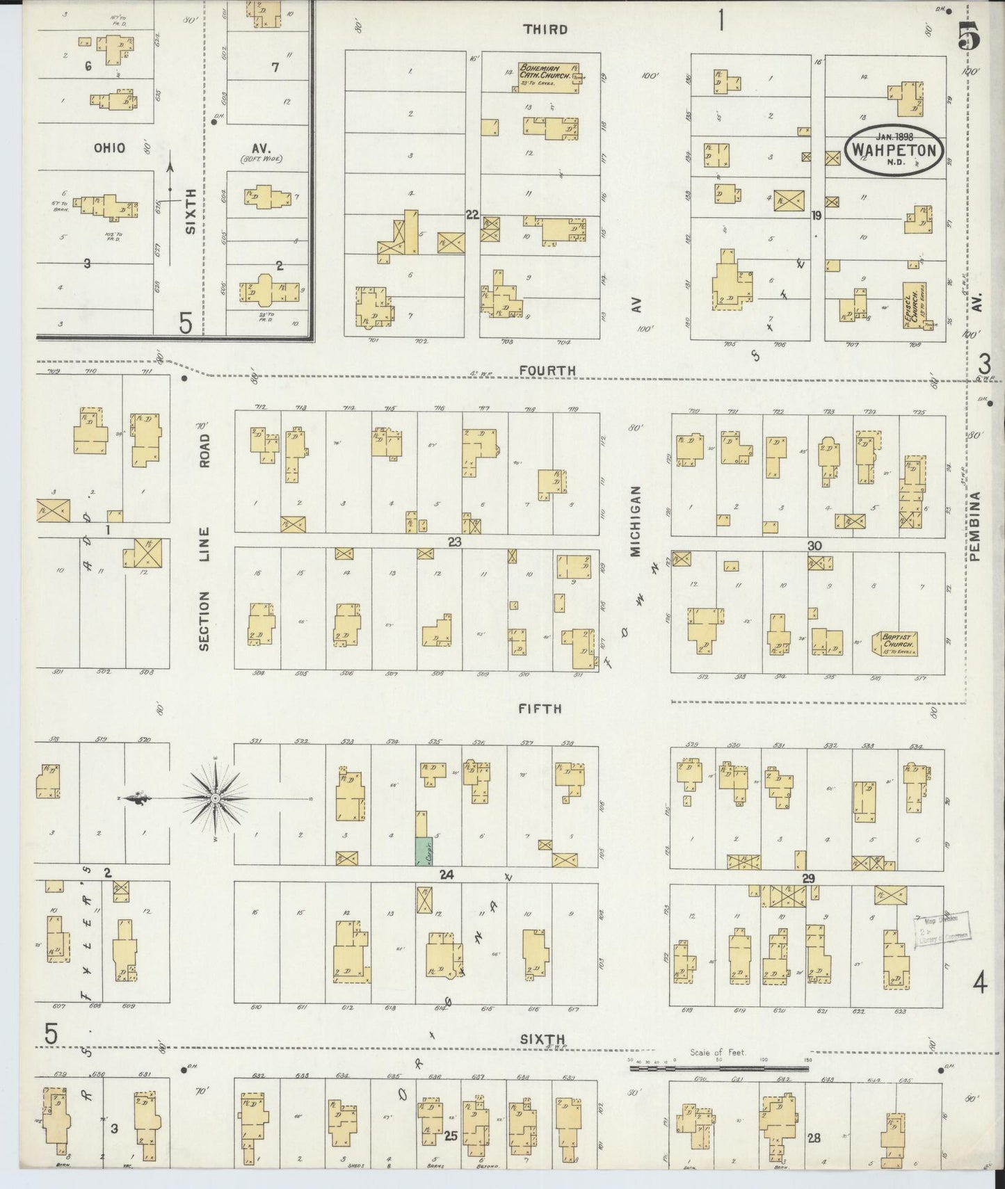 Sanborn Fire Insurance Map from Wahpeton, Richland County, North Dakota (1898), Sheet #0005 - Complete Map Set gallery image, historic Sanborn map, vintage wall art, North Dakota North Dakota