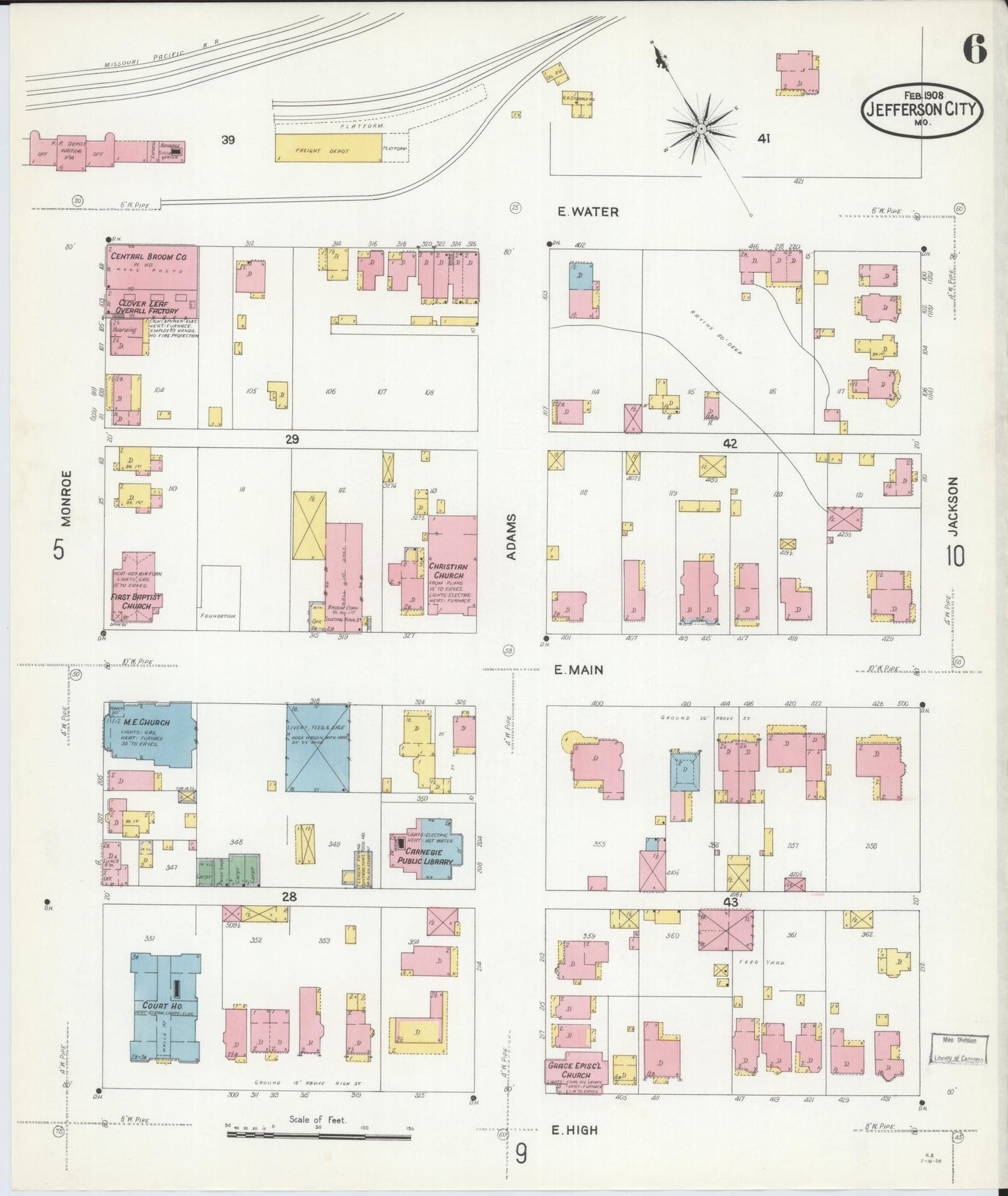 Sanborn Fire Insurance Map from Jefferson City, Cole County, Missouri (1908), Sheet #0006 - Historic Sanborn Fire Insurance Map Print, vintage old map wall art, antique decor, genealogy gift, Missouri Missouri map