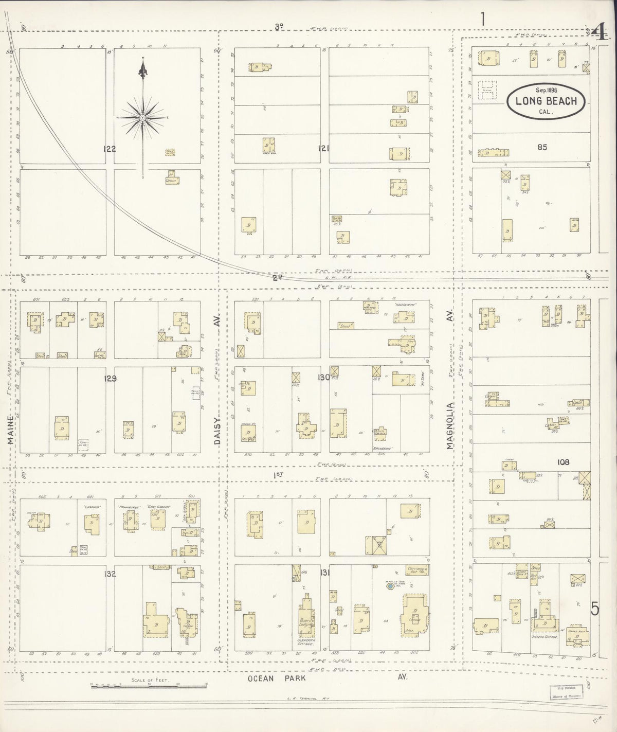 Sanborn Fire Insurance Map from Long Beach, Los Angeles County, California (1898), Sheet #0004 - Complete Map Set gallery image, historic Sanborn map, vintage wall art, California California