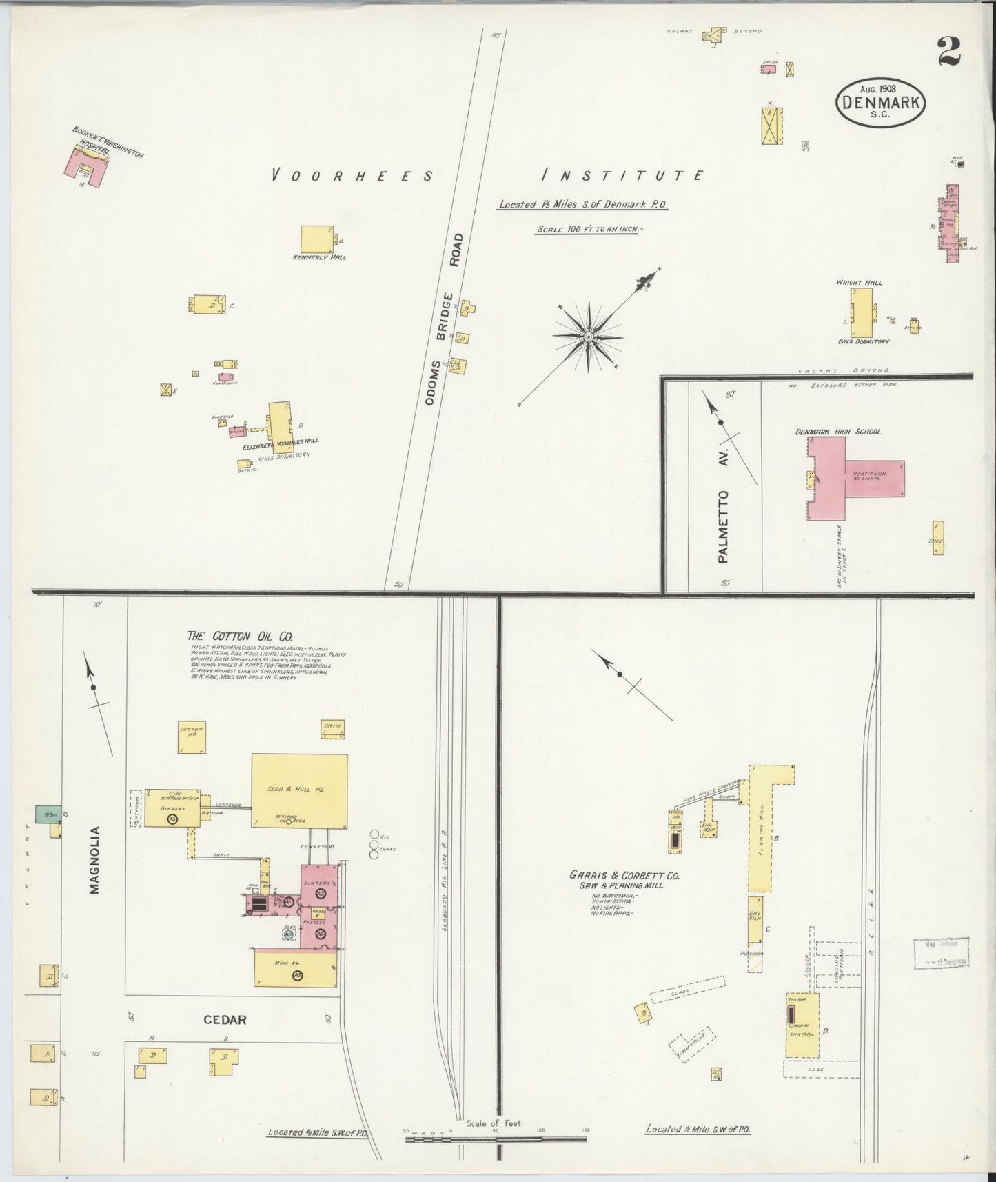 Sanborn Fire Insurance Map from Denmark, Bamberg County, South Carolina (1908), Sheet #0002 - Complete Map Set gallery image, historic Sanborn map, vintage wall art, South Carolina South Carolina