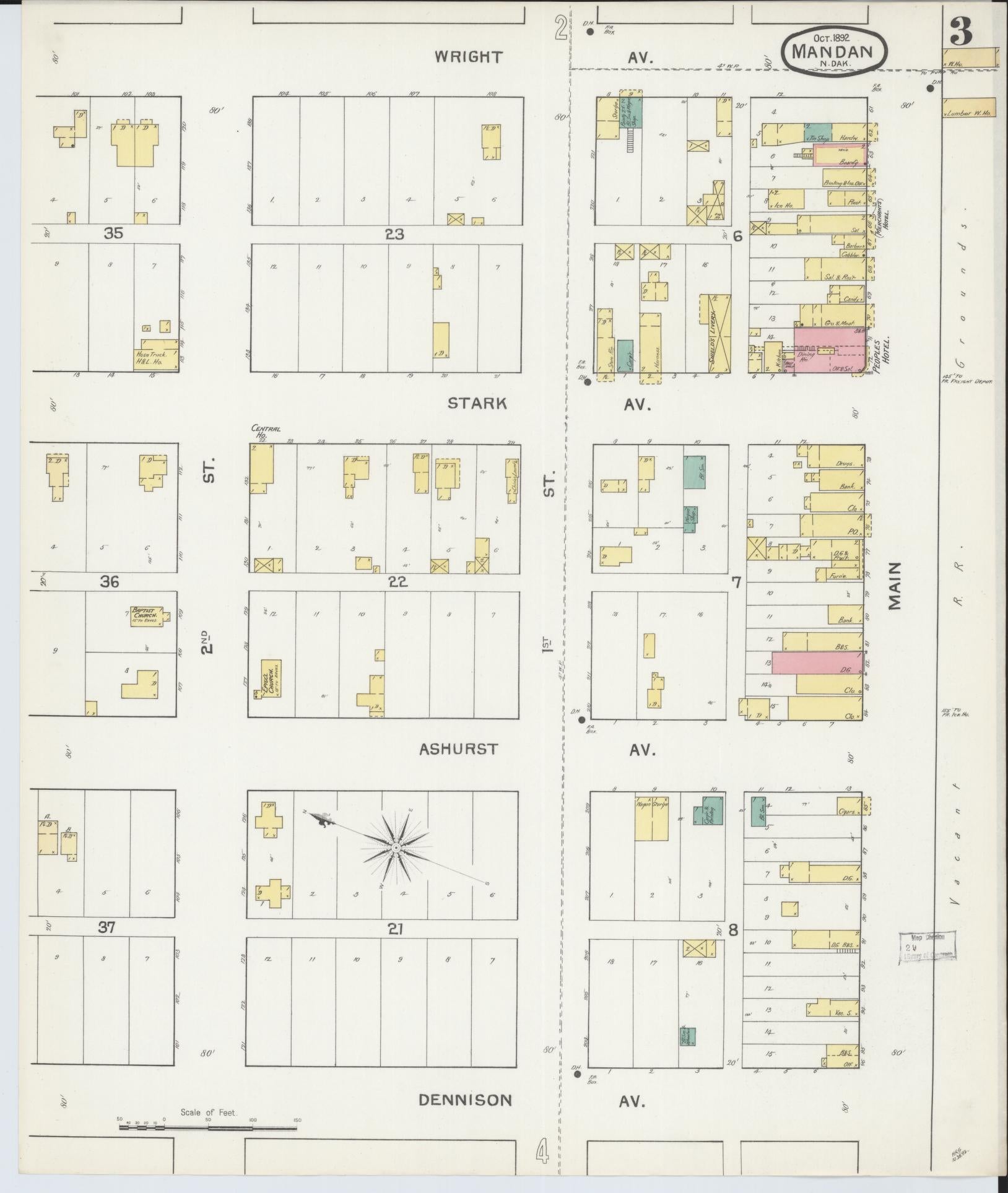 Sanborn Fire Insurance Map from Mandan, Morton County, North Dakota (1892), Sheet #0003 - Historic Sanborn Fire Insurance Map Print, vintage old map wall art, antique decor, genealogy gift, North Dakota North Dakota map
