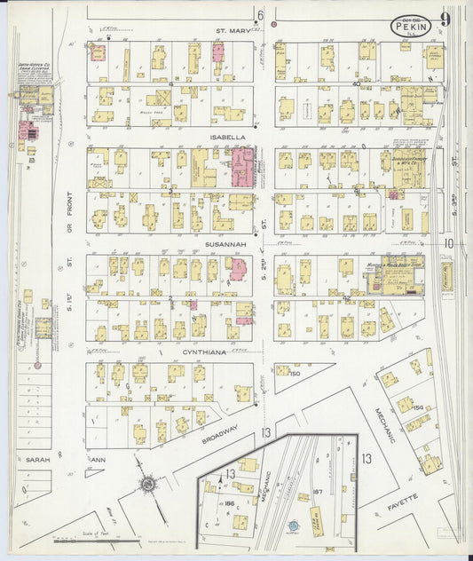 Sanborn Fire Insurance Map from Pekin, Tazewell County, Illinois (1916), Sheet #0009 - Historic Sanborn Fire Insurance Map Print, vintage old map wall art, antique decor, genealogy gift, Illinois Illinois map