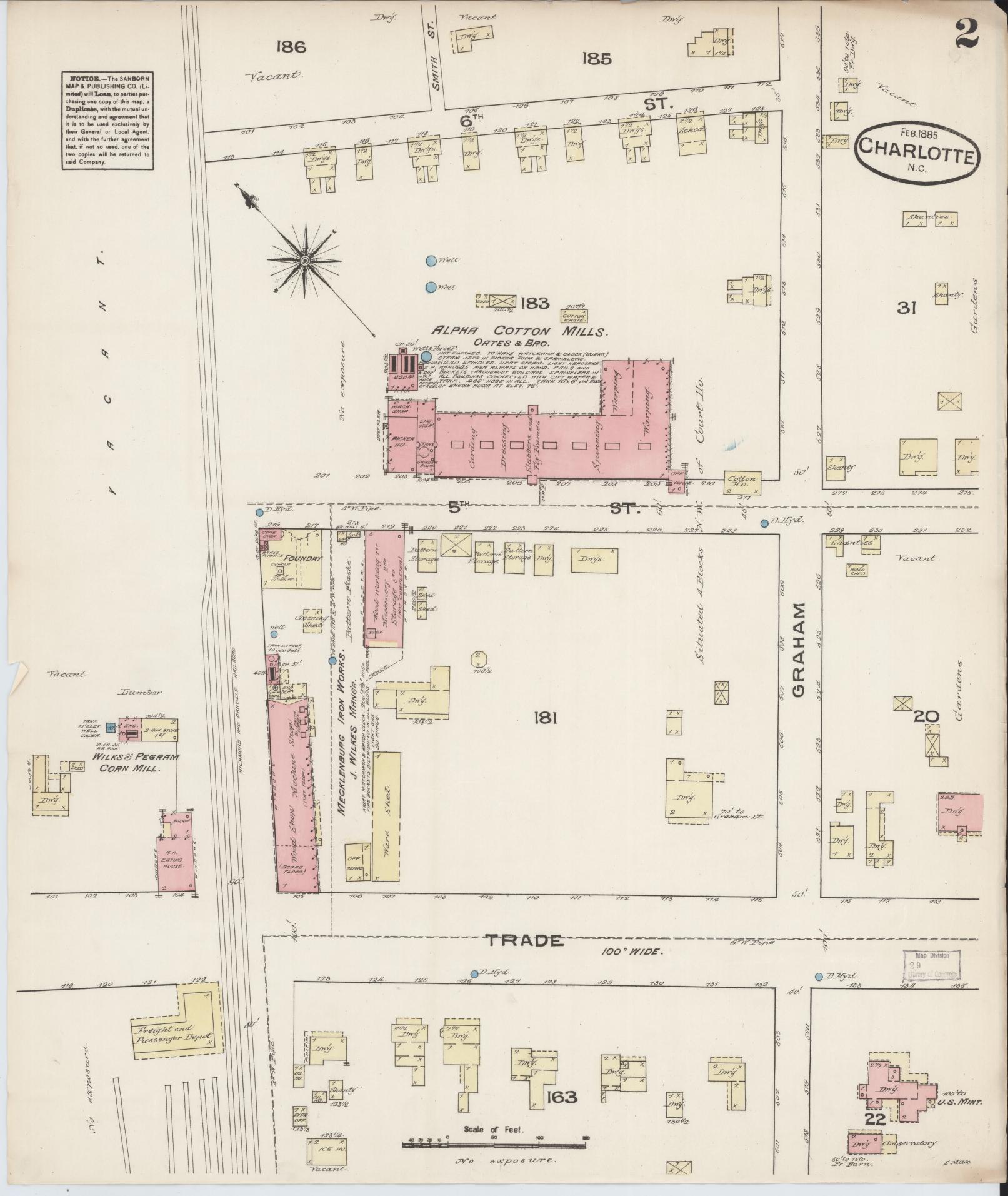 Sanborn Fire Insurance Map from Charlotte, Mecklenburg County, North Carolina (1885), Sheet #0002 - Complete Map Set gallery image, historic Sanborn map, vintage wall art, North Carolina North Carolina