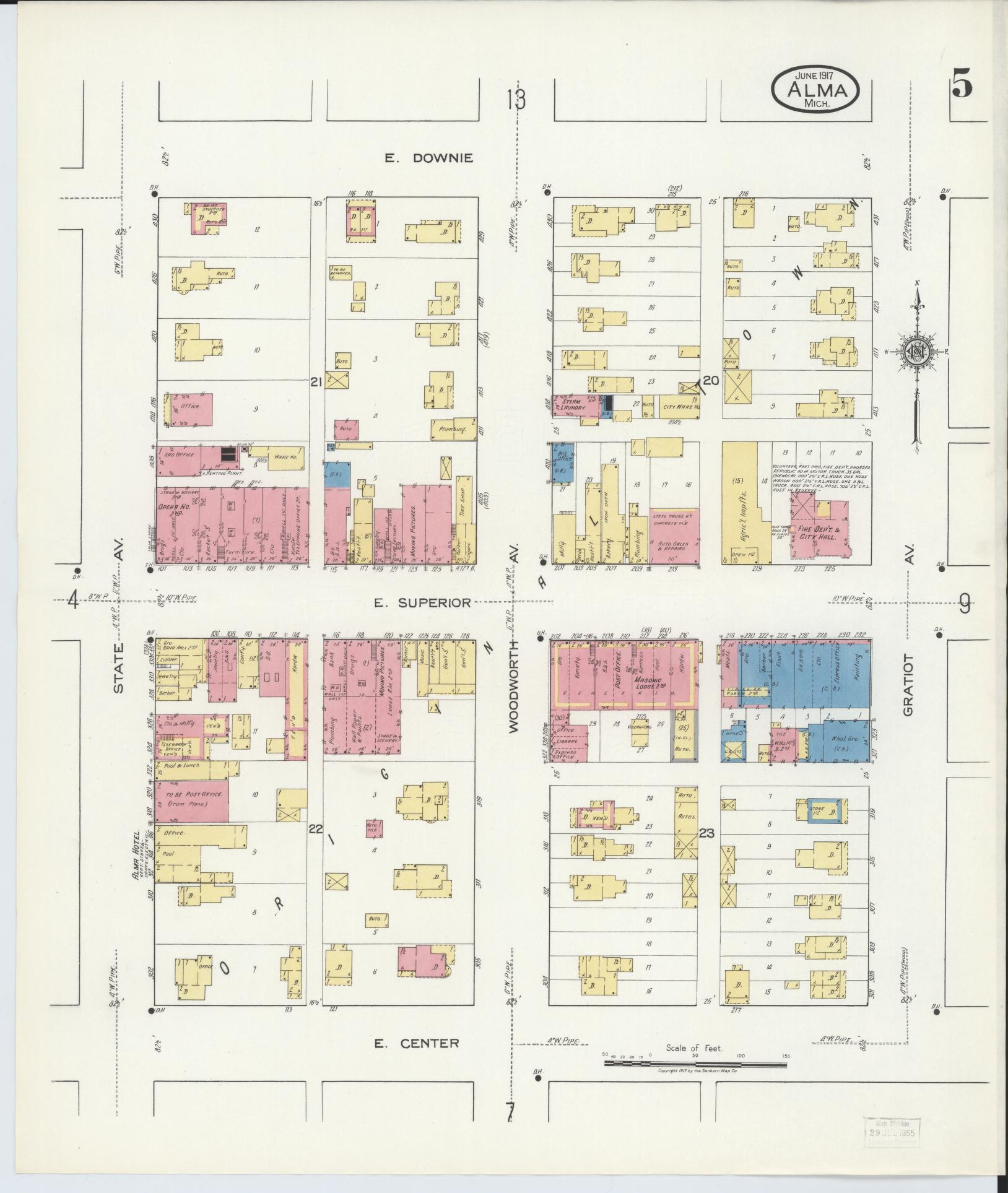 Sanborn Fire Insurance Map from Alma, Gratiot County, Michigan (1917), Sheet #0005 - Historic Sanborn Fire Insurance Map Print, vintage old map wall art, antique decor, genealogy gift, Michigan Michigan map