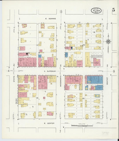 Sanborn Fire Insurance Map from Alma, Gratiot County, Michigan (1917), Sheet #0005 - Historic Sanborn Fire Insurance Map Print, vintage old map wall art, antique decor, genealogy gift, Michigan Michigan map