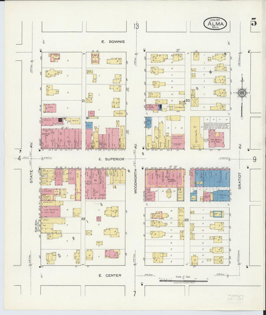 Sanborn Fire Insurance Map from Alma, Gratiot County, Michigan (1917), Sheet #0005 - Historic Sanborn Fire Insurance Map Print, vintage old map wall art, antique decor, genealogy gift, Michigan Michigan map