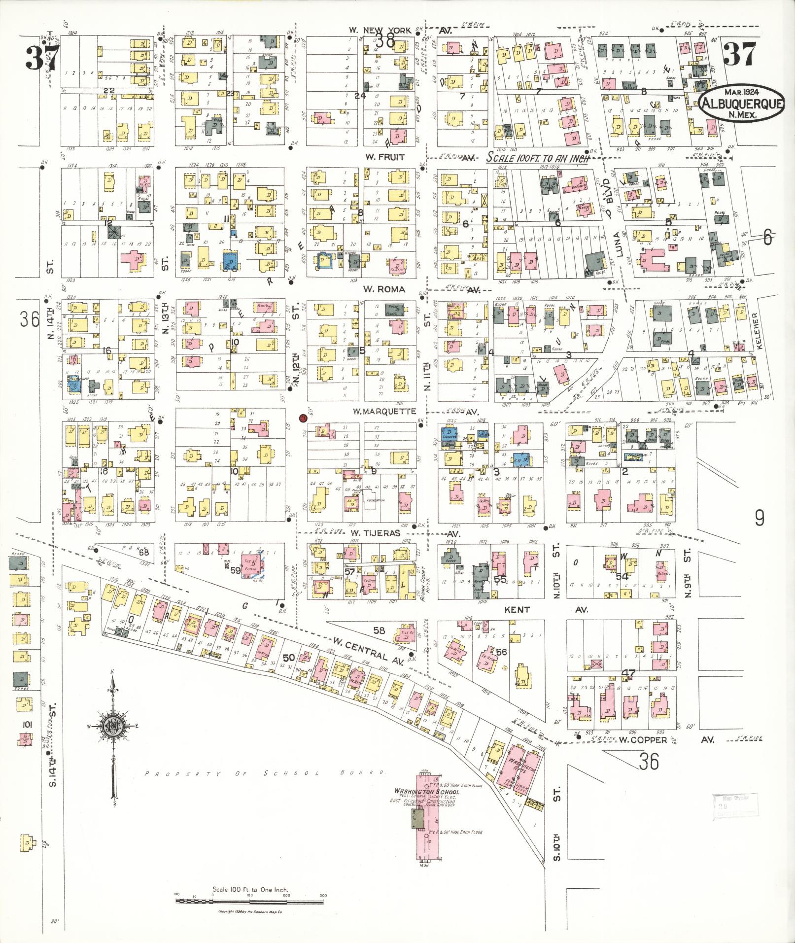 Sanborn Fire Insurance Map from Albuquerque, Bernalillo County, New Mexico (1924), Sheet #0037 - Historic Sanborn Fire Insurance Map Print, vintage old map wall art, antique decor, genealogy gift, New Mexico New Mexico map
