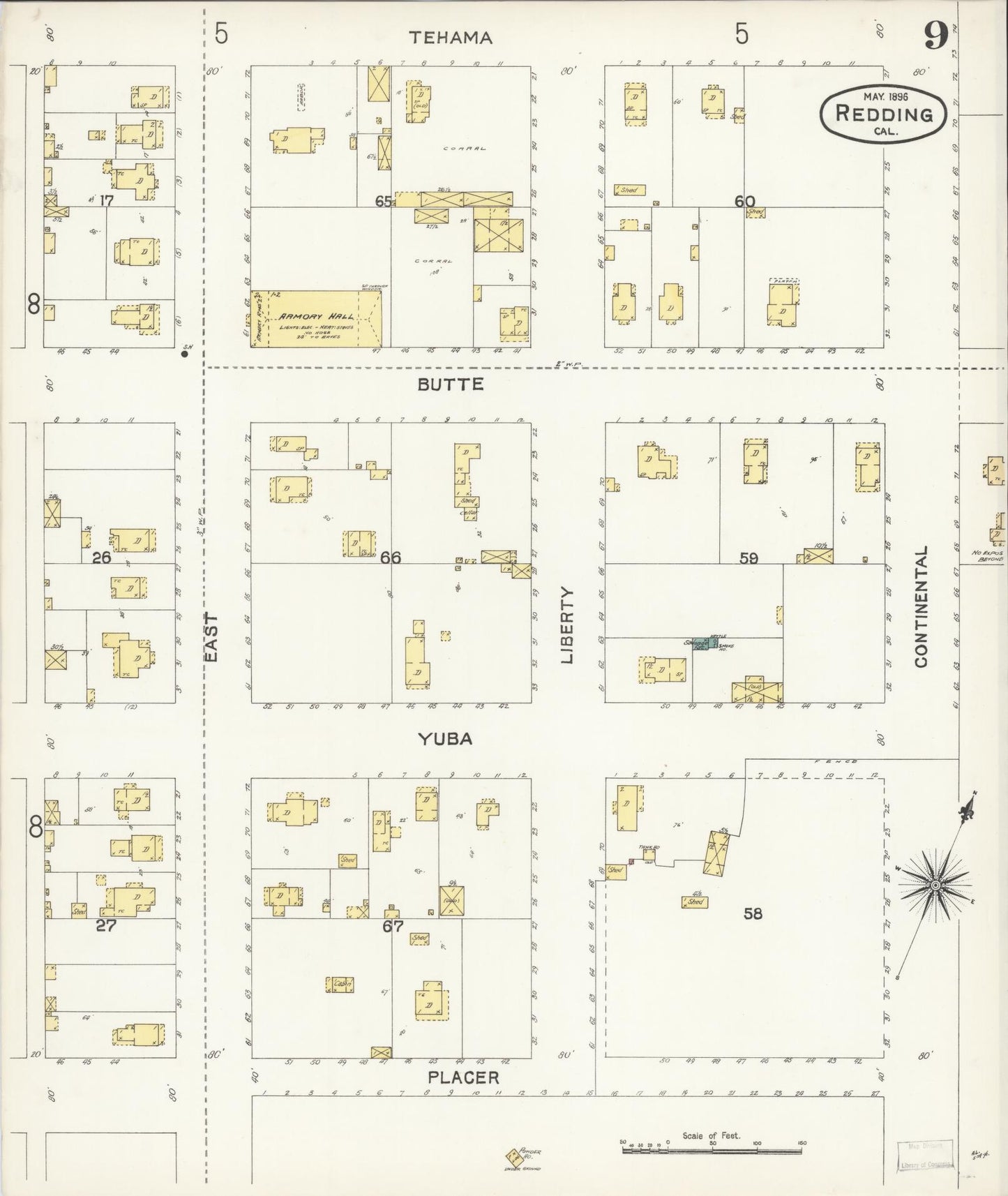 Sanborn Fire Insurance Map from Redding, Shasta County, California (1896), Sheet #0009 - Complete Map Set gallery image, historic Sanborn map, vintage wall art, California California