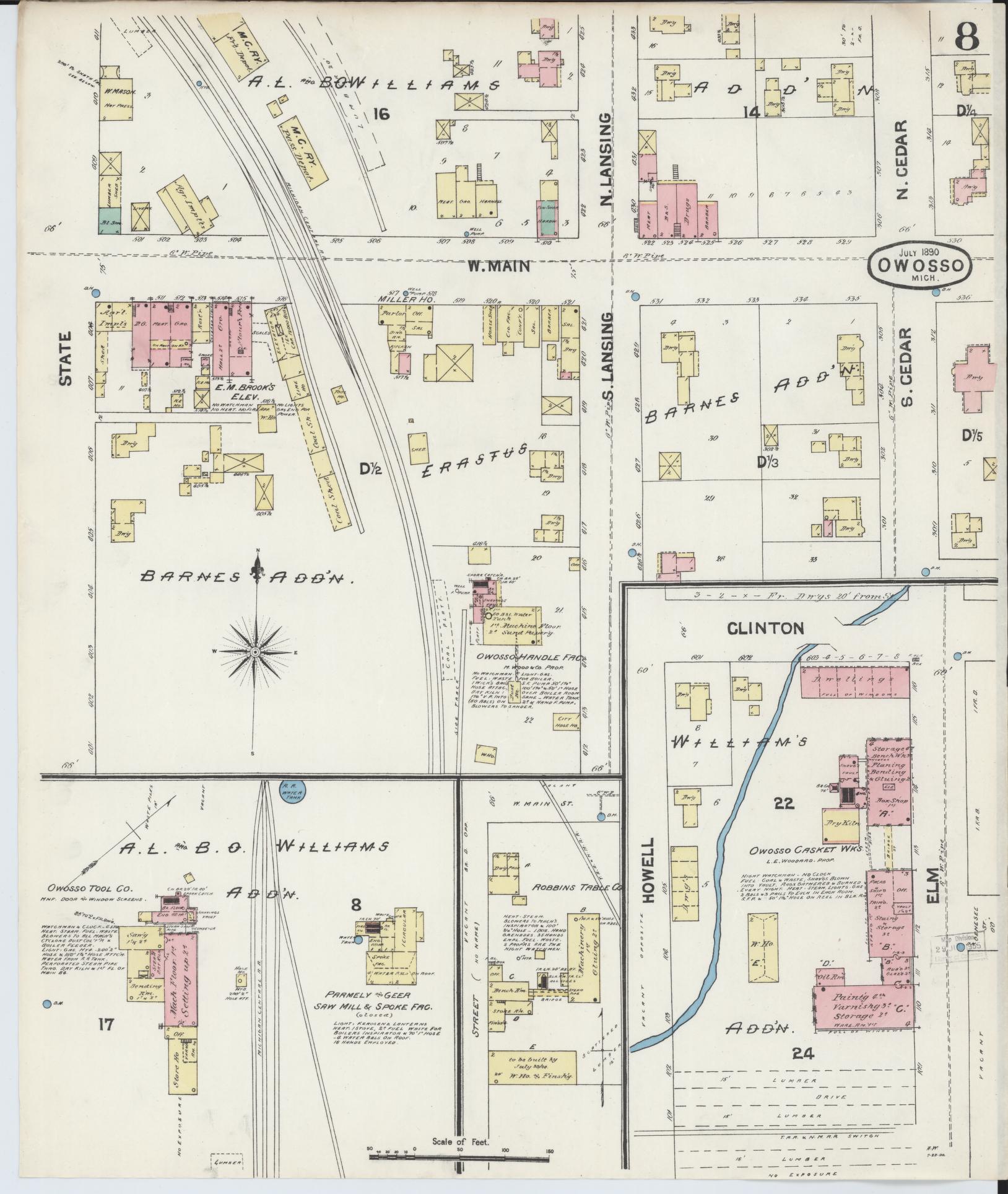 Sanborn Fire Insurance Map from Owosso, Shiawassee County, Michigan (1890), Sheet #0008 - Historic Sanborn Fire Insurance Map Print, vintage old map wall art, antique decor, genealogy gift, Michigan Michigan map