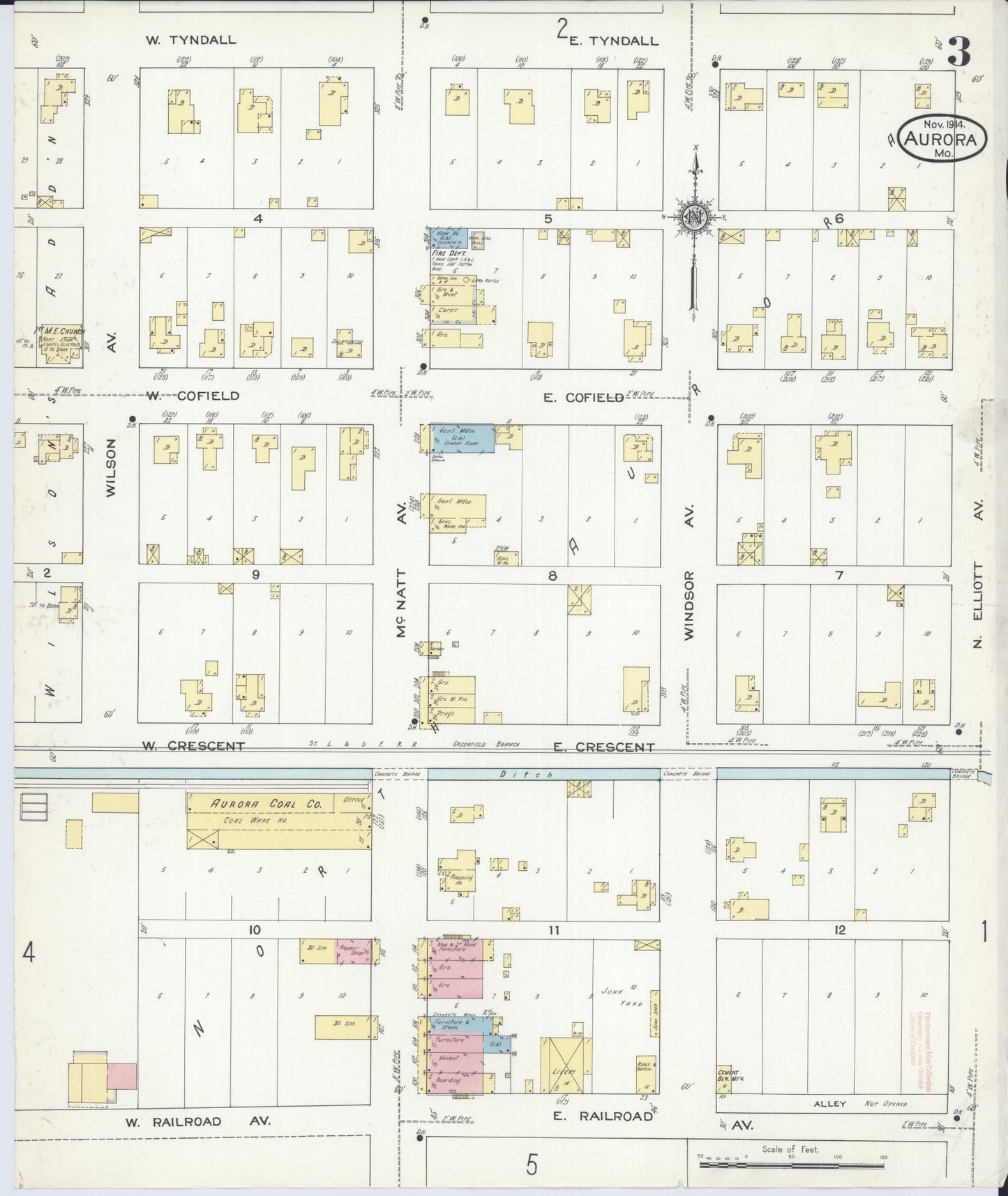 Sanborn Fire Insurance Map from Aurora, Lawrence County, Missouri (1914), Sheet #0003 - Complete Map Set gallery image, historic Sanborn map, vintage wall art, Missouri Missouri