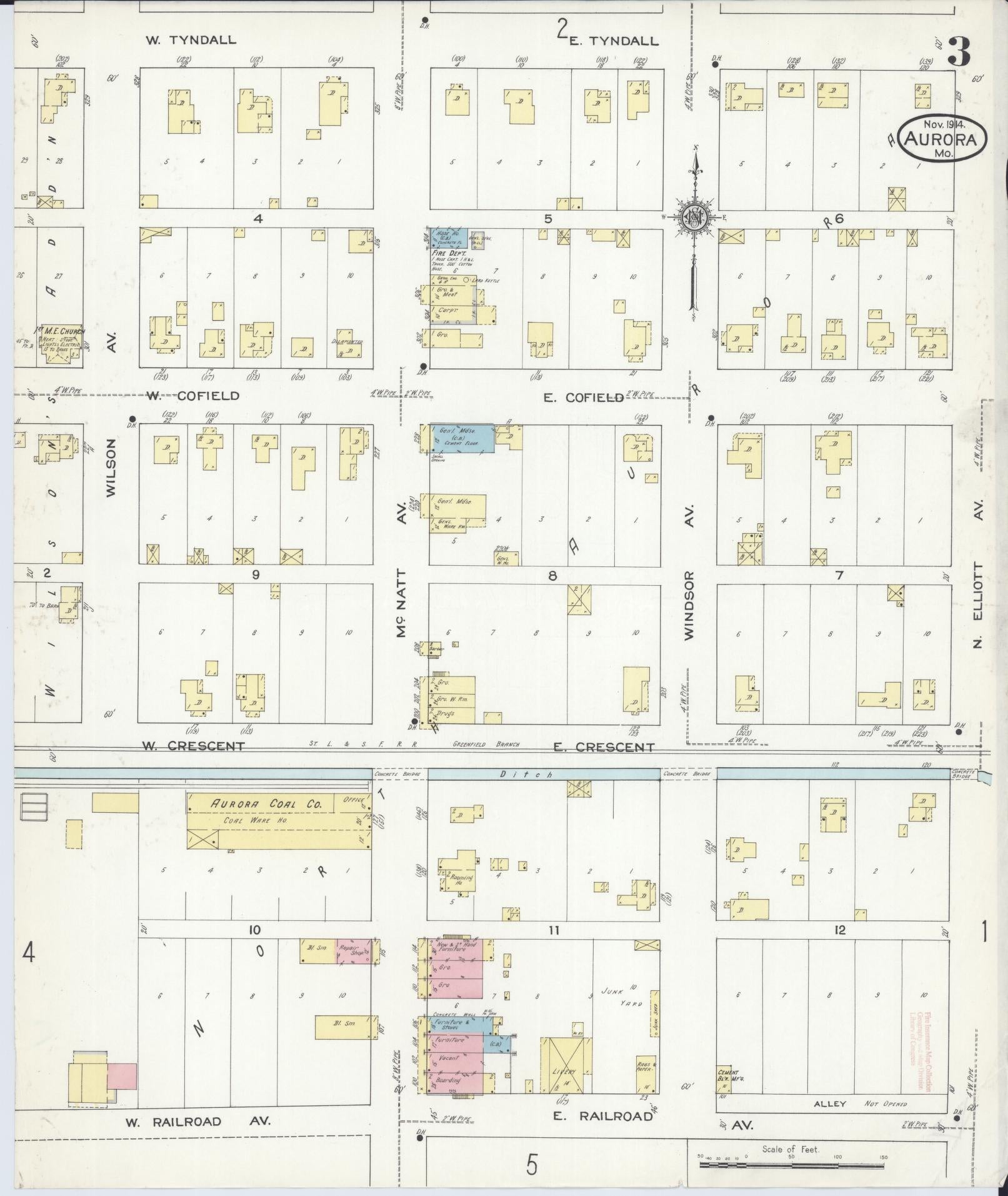 Sanborn Fire Insurance Map from Aurora, Lawrence County, Missouri (1914), Sheet #0003 - Complete Map Set gallery image, historic Sanborn map, vintage wall art, Missouri Missouri