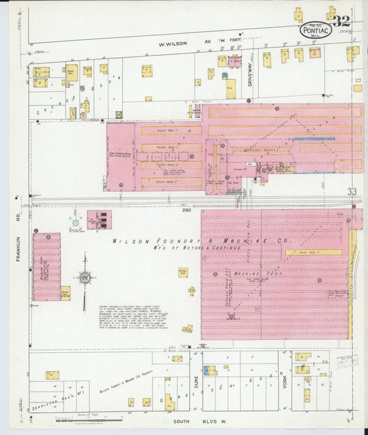 Sanborn Fire Insurance Map from Pontiac, Oakland County, Michigan (1919), Sheet #0032 - Historic Sanborn Fire Insurance Map Print, vintage old map wall art, antique decor, genealogy gift, Michigan Michigan map