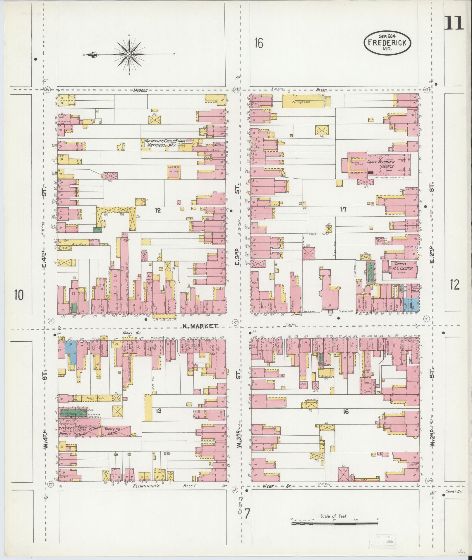 Frederick, Maryland - 1904 - Sanborn Fire Insurance Map, Sheet #0011 - Historic Sanborn Fire Insurance Map Print, Frederick Maryland 1904 0011 vintage old map wall art