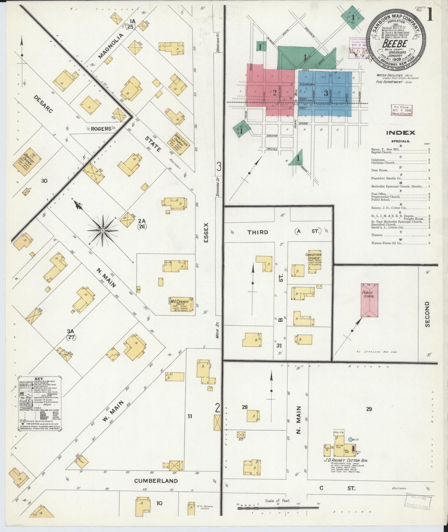 Sanborn Fire Insurance Map from Beebe, White County, Arkansas (1909), Sheet #0001 - Historic Sanborn Fire Insurance Map Print, vintage old map wall art, antique decor, genealogy gift, Arkansas Arkansas map