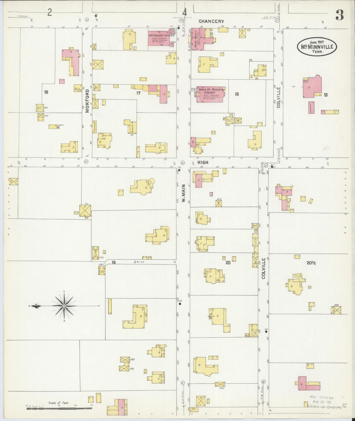 Sanborn Fire Insurance Map from McMinnville, Warren County, Tennessee (1907), Sheet #0003 - Complete Map Set gallery image, historic Sanborn map, vintage wall art, Tennessee Tennessee