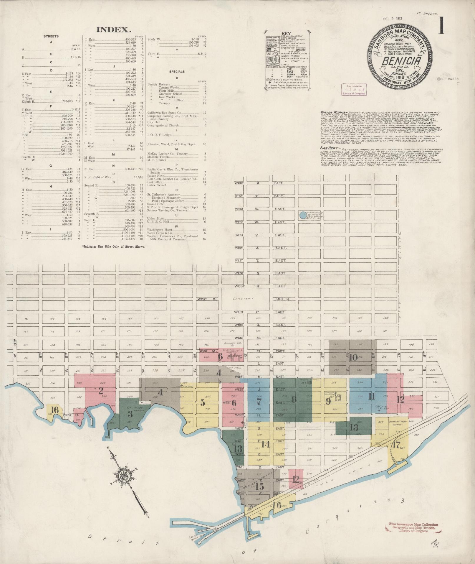 Sanborn Fire Insurance Map from Benicia, Solano County, California (1913), Sheet #0001 - Historic Sanborn Fire Insurance Map Print, vintage old map wall art, antique decor, genealogy gift, California California map