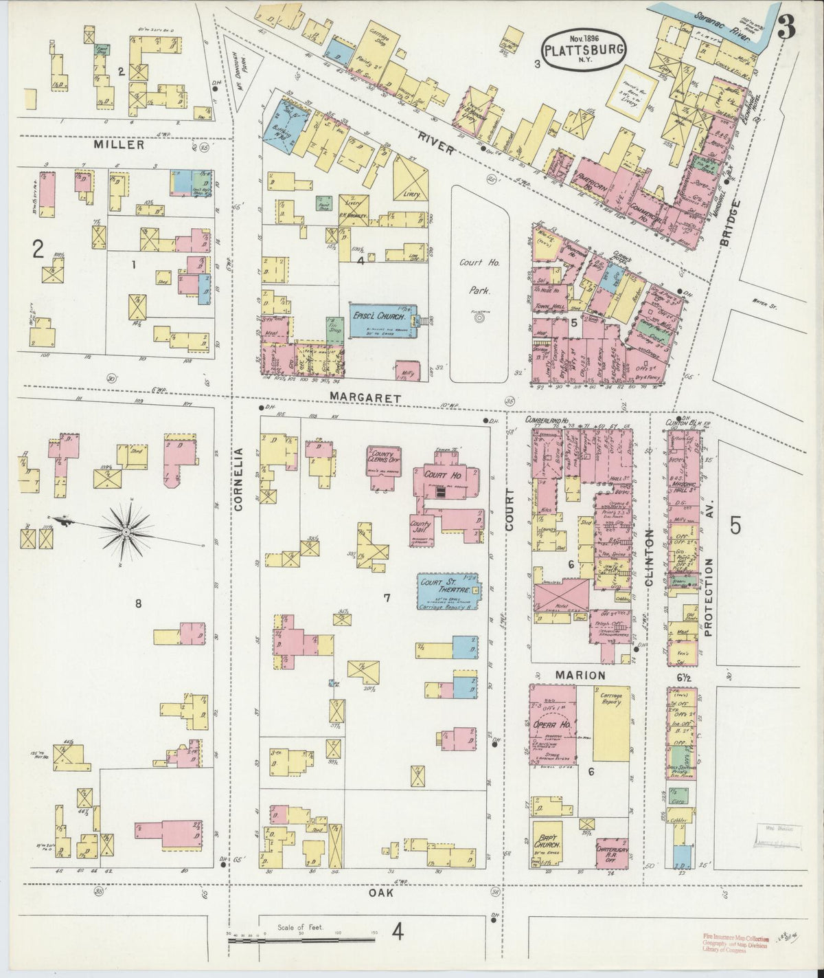 Sanborn Fire Insurance Map from Plattsburg, Clinton County, New York (1896), Sheet #0003 - Complete Map Set gallery image, historic Sanborn map, vintage wall art, New York New York