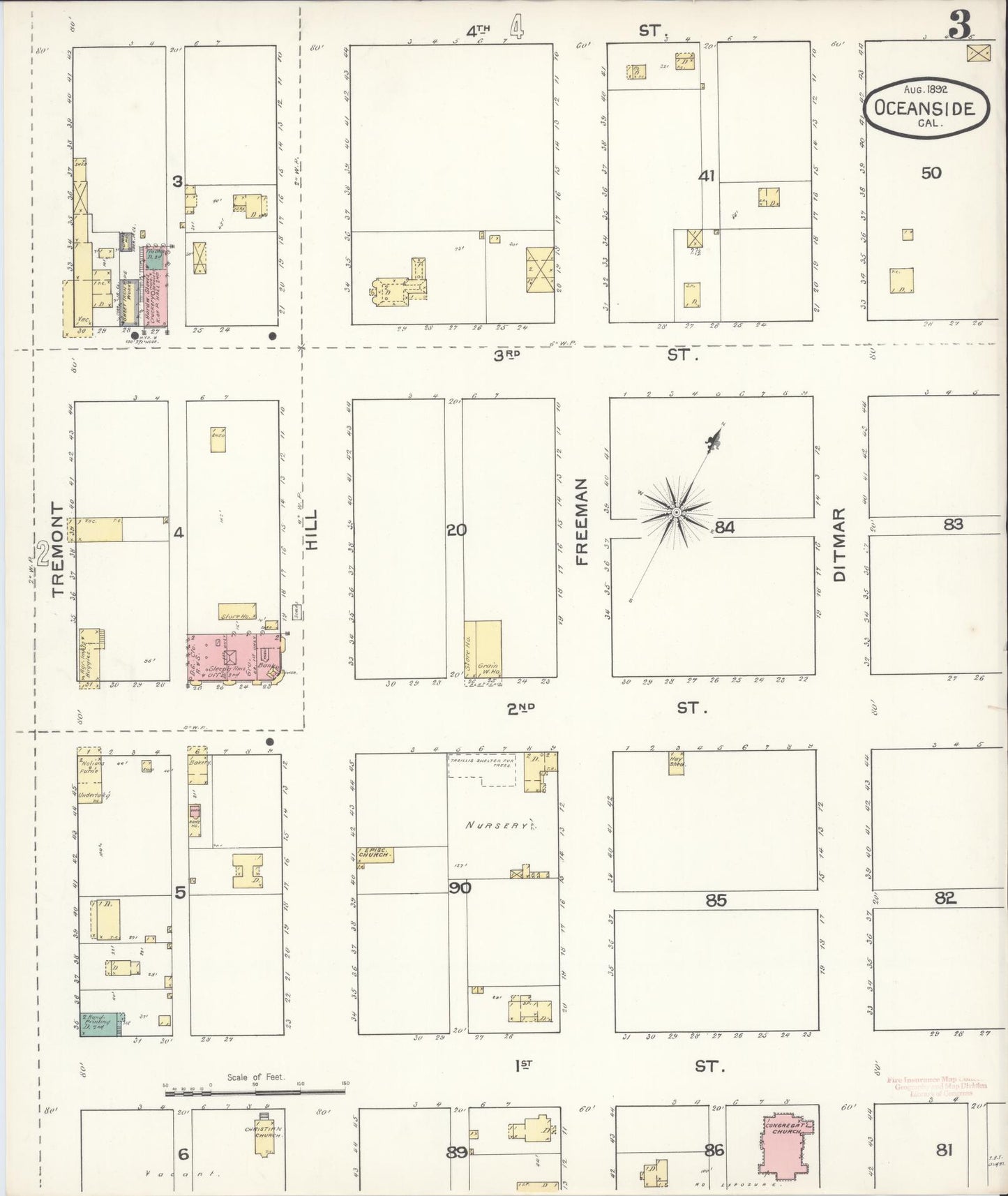 Sanborn Fire Insurance Map from Oceanside, San Diego County, California (1892), Sheet #0003 - Complete Map Set gallery image, historic Sanborn map, vintage wall art, California California