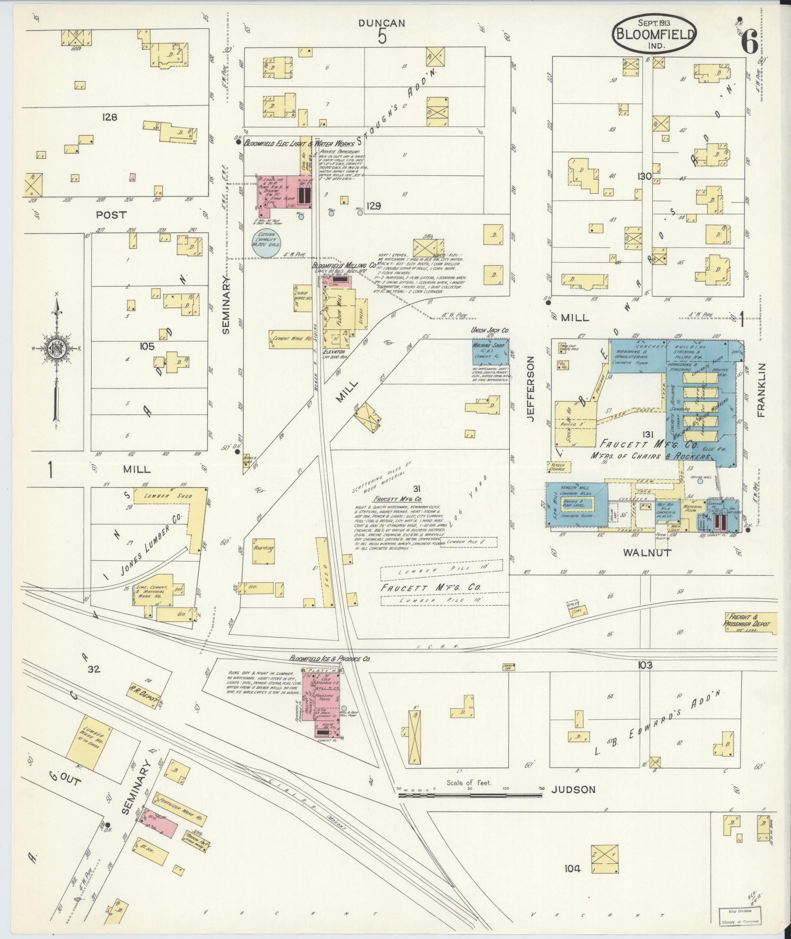Sanborn Fire Insurance Map from Bloomfield, Greene County, Indiana (1913), Sheet #0006 - Historic Sanborn Fire Insurance Map Print, vintage old map wall art, antique decor, genealogy gift, Indiana Indiana map