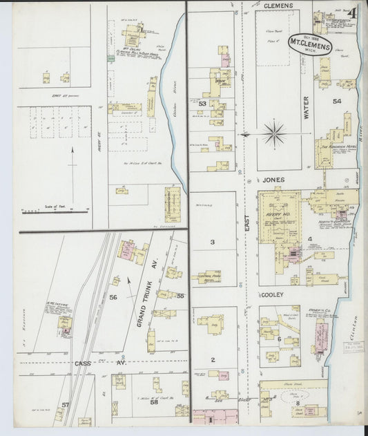 Sanborn Fire Insurance Map from Mount Clemens, Macomb County, Michigan (1888), Sheet #0004 - Historic Sanborn Fire Insurance Map Print, vintage old map wall art, antique decor, genealogy gift, Michigan Michigan map