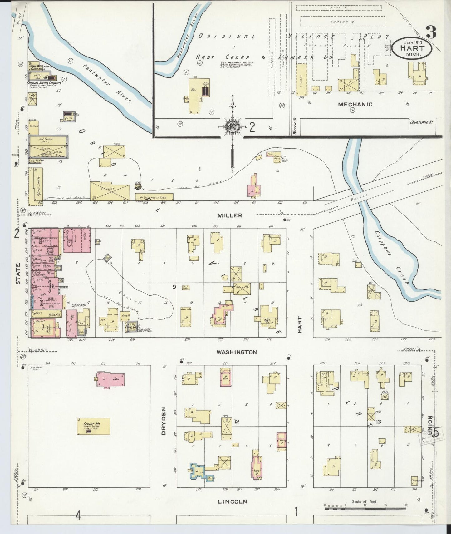 Sanborn Fire Insurance Map from Hart, Oceana County, Michigan (1910), Sheet #0003 - Historic Sanborn Fire Insurance Map Print, vintage old map wall art, antique decor, genealogy gift, Michigan Michigan map