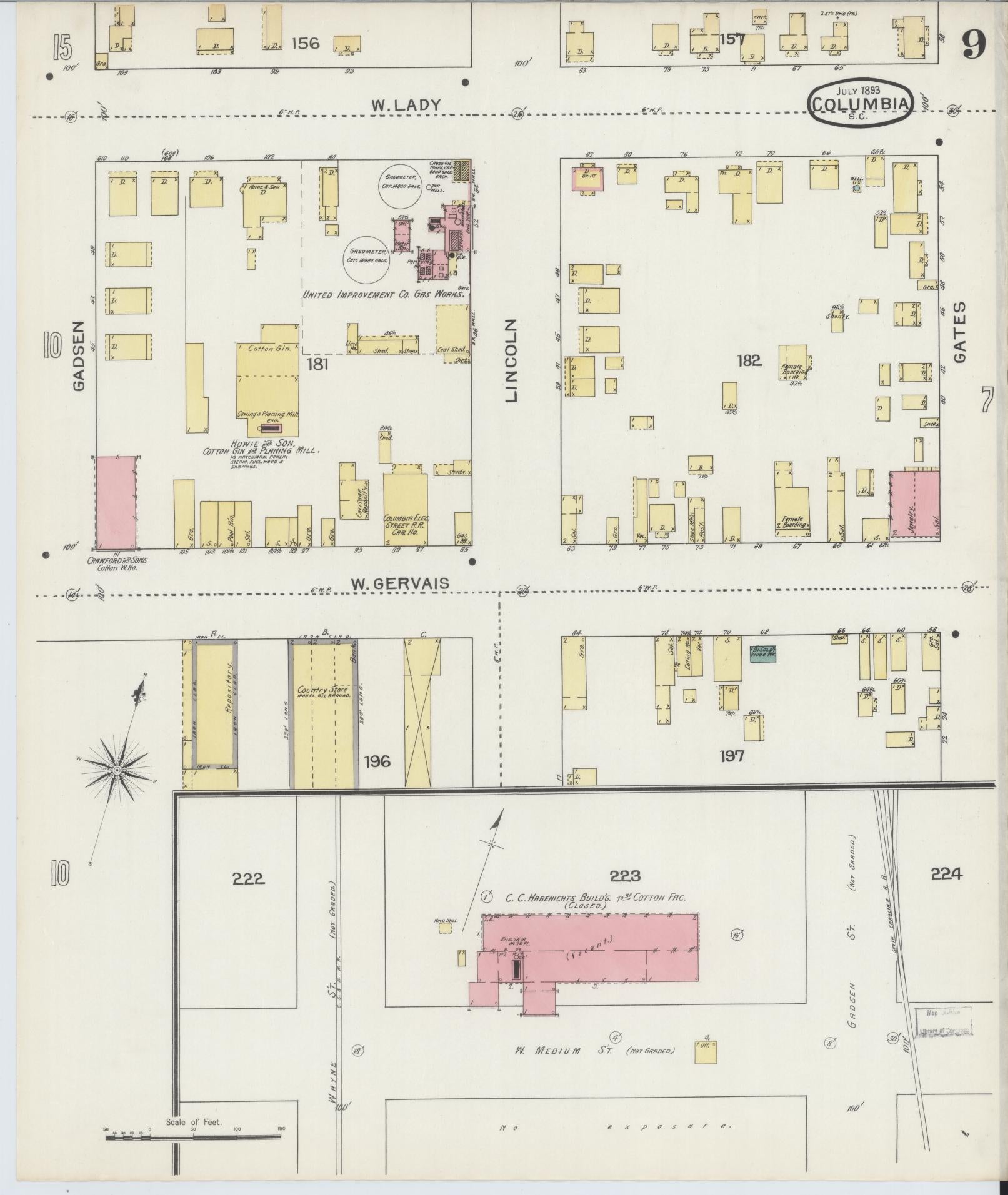 Sanborn Fire Insurance Map from Columbia, Richland County, South Carolina (1893), Sheet #0009 - Historic Sanborn Fire Insurance Map Print, vintage old map wall art, antique decor, genealogy gift, South Carolina South Carolina map