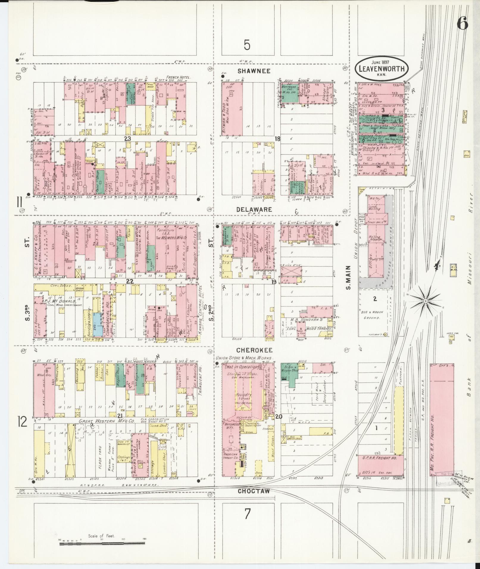 Sanborn Fire Insurance Map from Leavenworth, Leavenworth County, Kansas (1897), Sheet #0007 - Complete Map Set gallery image, historic Sanborn map, vintage wall art, Kansas Kansas