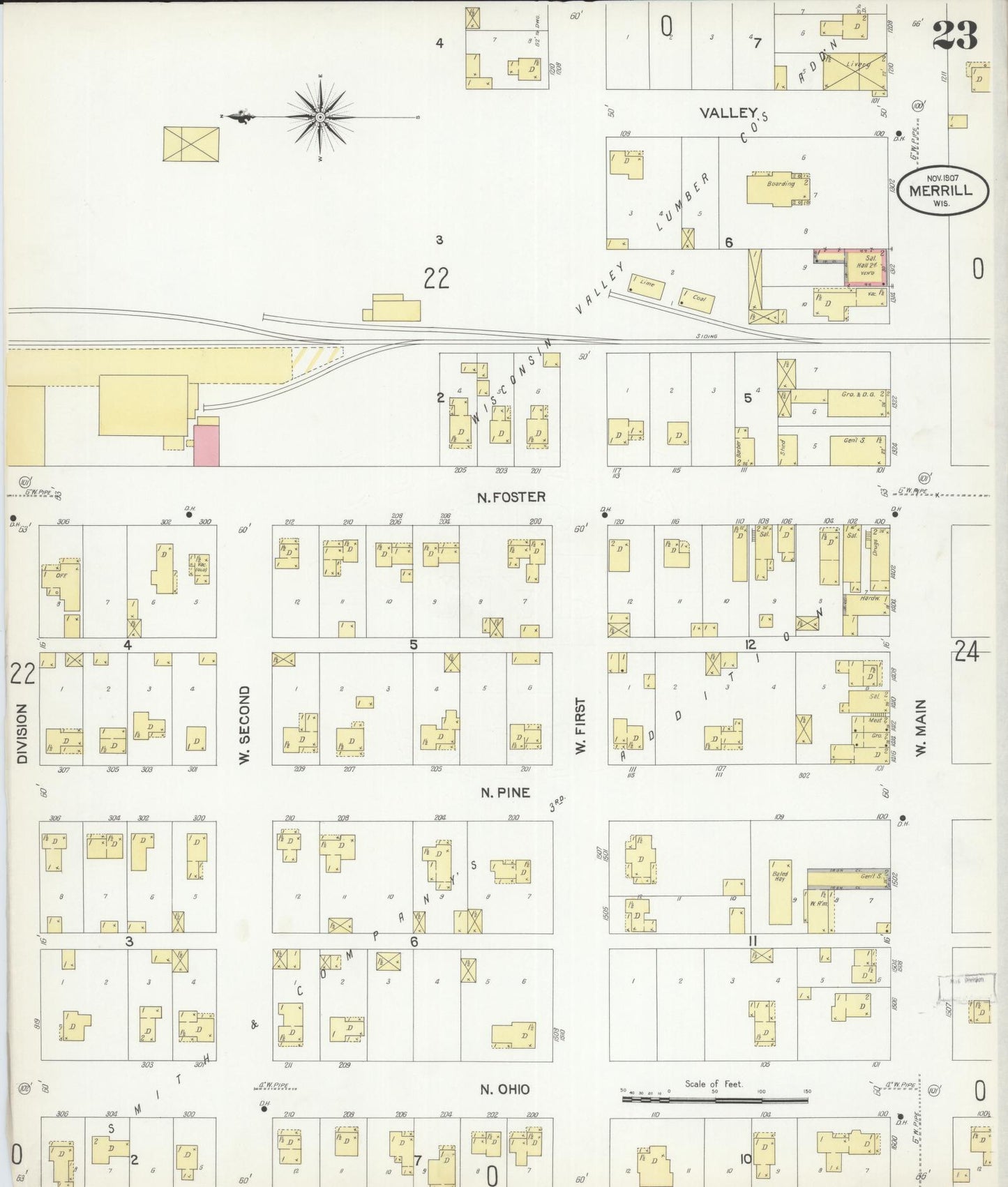 Sanborn Fire Insurance Map from Merrill, Lincoln County, Wisconsin (1907), Sheet #0023 - Historic Sanborn Fire Insurance Map Print, vintage old map wall art, antique decor, genealogy gift, Wisconsin Wisconsin map